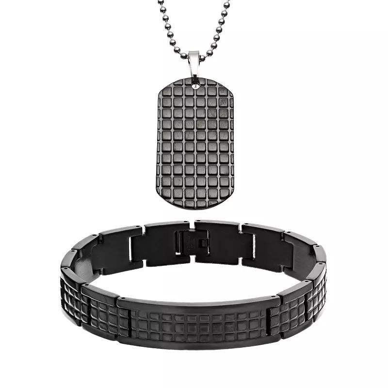 Two Tone Stainless Steel Textured Dog Tag and Bracelet Set - Men, Mens Grey Product Image