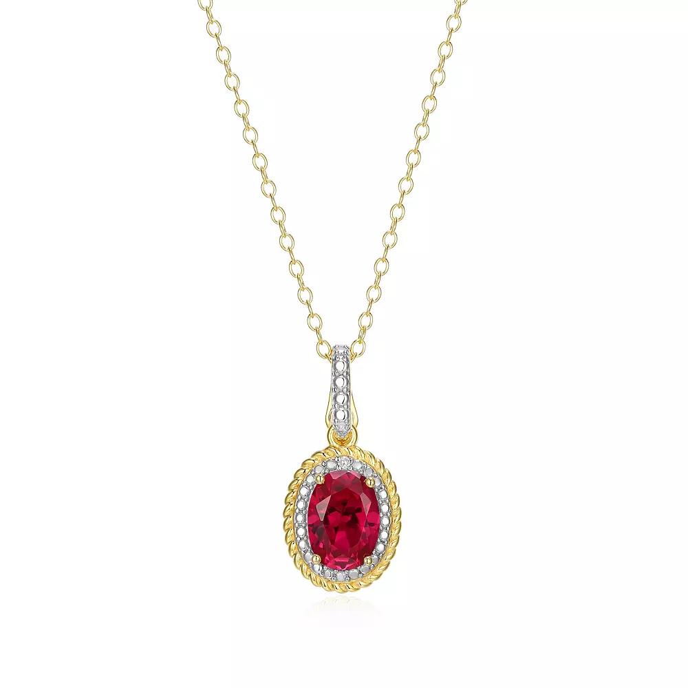 18k Gold Over Silver Gemstone & Diamond Accent Halo Pendant Necklace, Women's, Size: 18", July Created Red Product Image