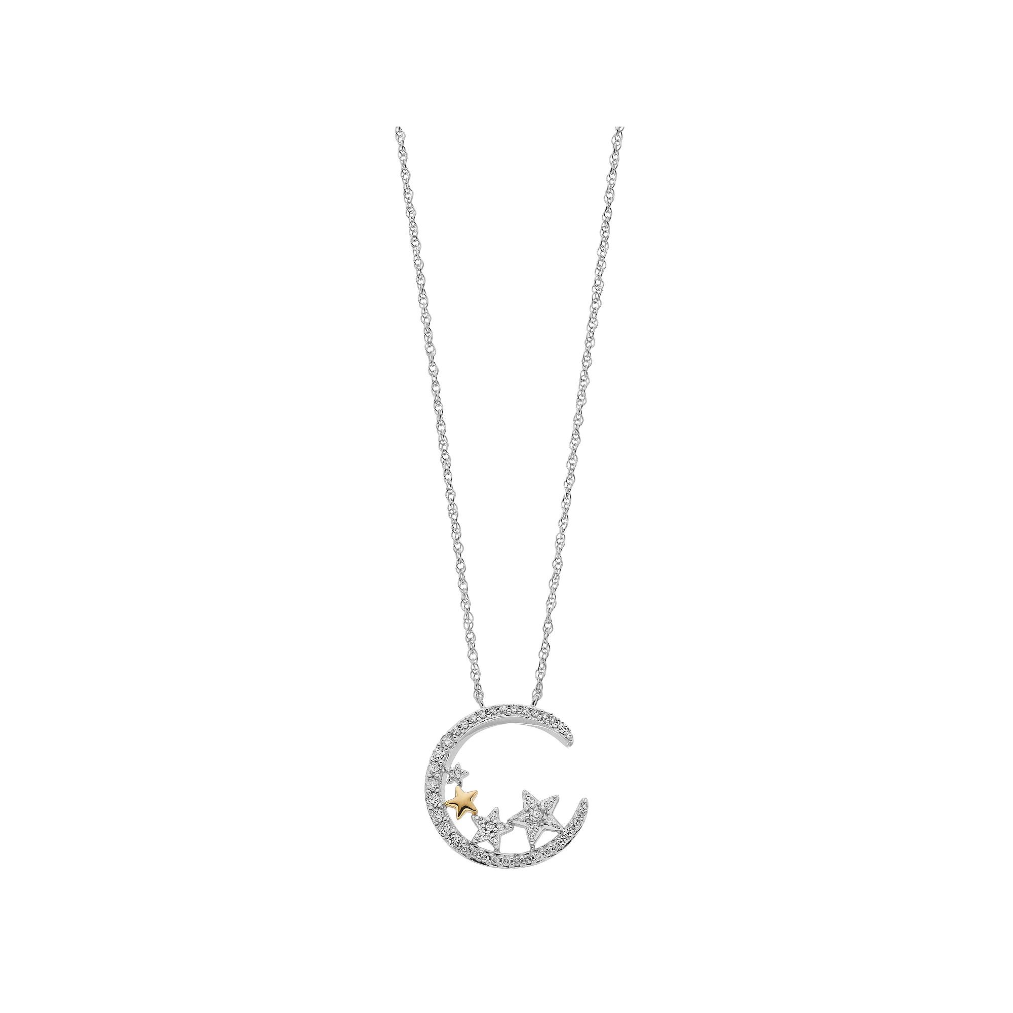 Two Tone Sterling Silver 1/3 Carat T.W. Diamond Moon & Star Pendant Necklace, Women's, Size: 18" Product Image