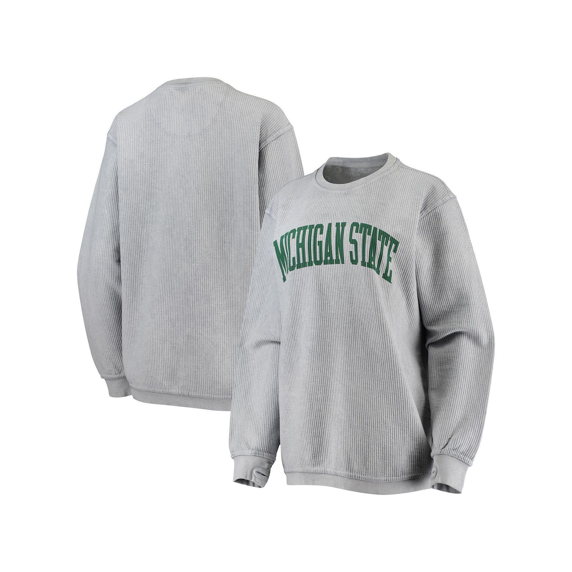 Women's Pressbox Gray Michigan State Spartans Comfy Cord Vintage Wash Basic Arch Pullover Sweatshirt,  Product Image