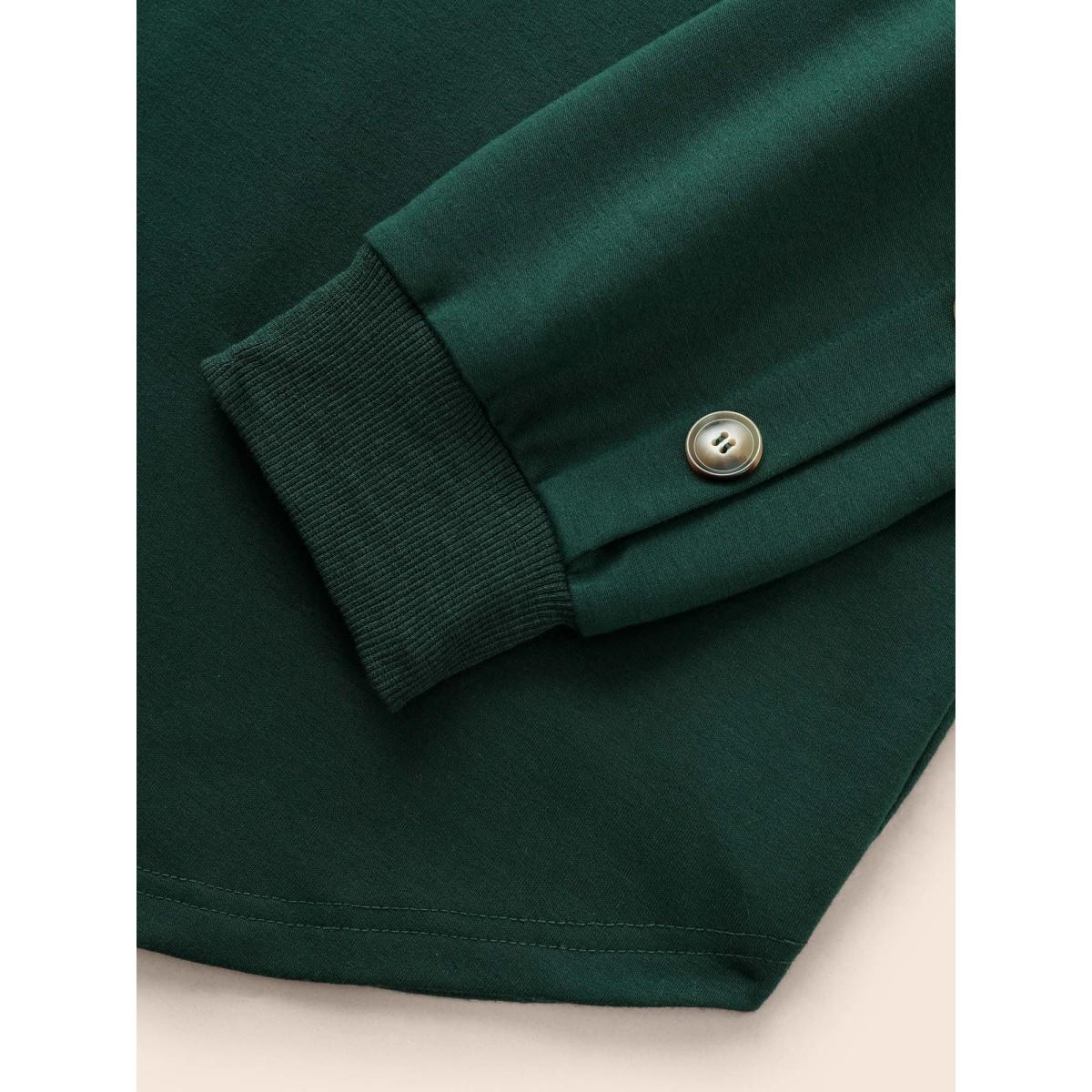 Plus Size Crew Neck Patchwork Button Detail Sweatshirt Women DarkGreen Casual Patchwork Round Neck Everyday Sweatshirts BloomChic 12/L Product Image