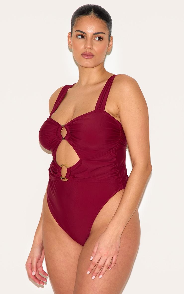 Plus Burgundy O Ring Ruched Cut Out Swimsuit Product Image