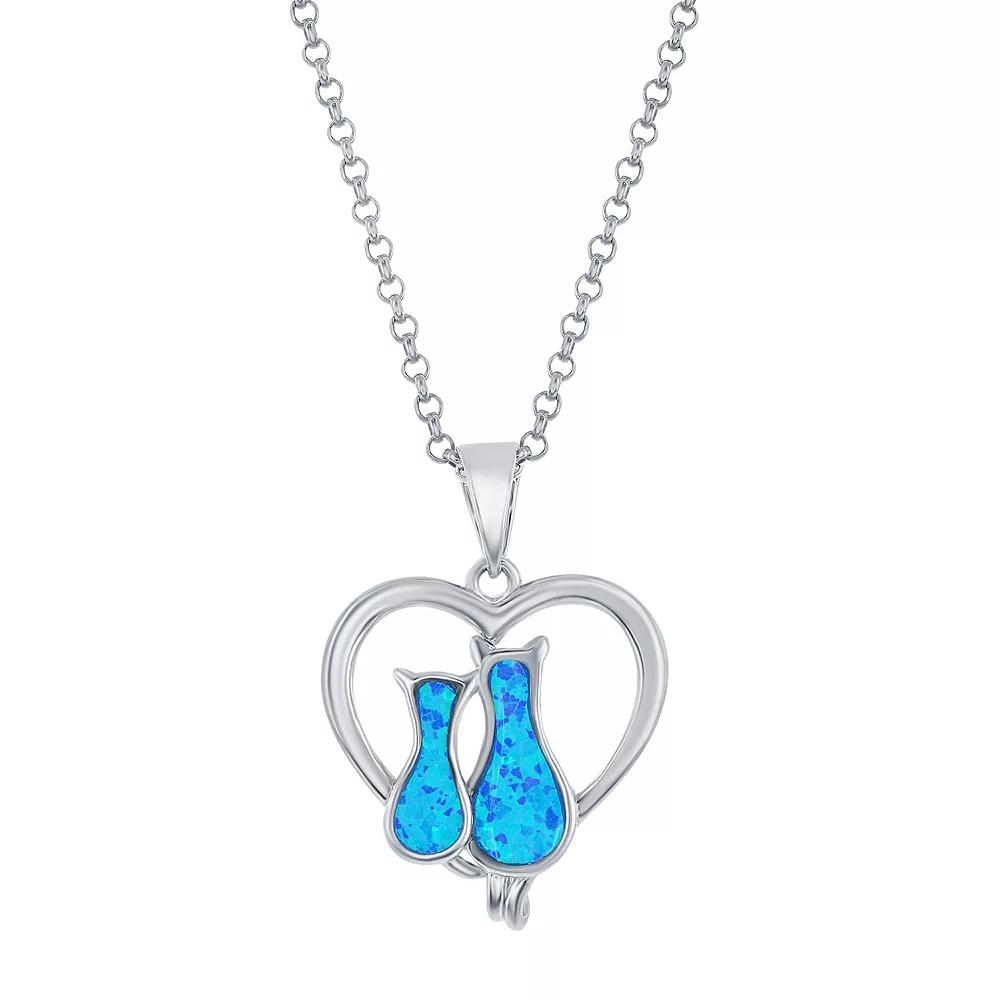 Sterling Silver Lab-Created Blue Opal Cats In Heart Necklace, Women's, Size: 18" Product Image