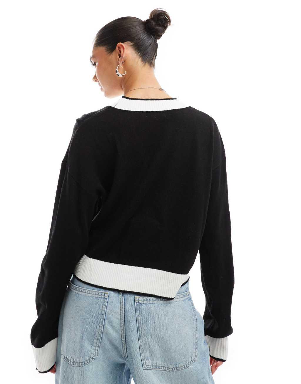 Brave Soul contrast trim cardigan with diamante buttons in black Product Image