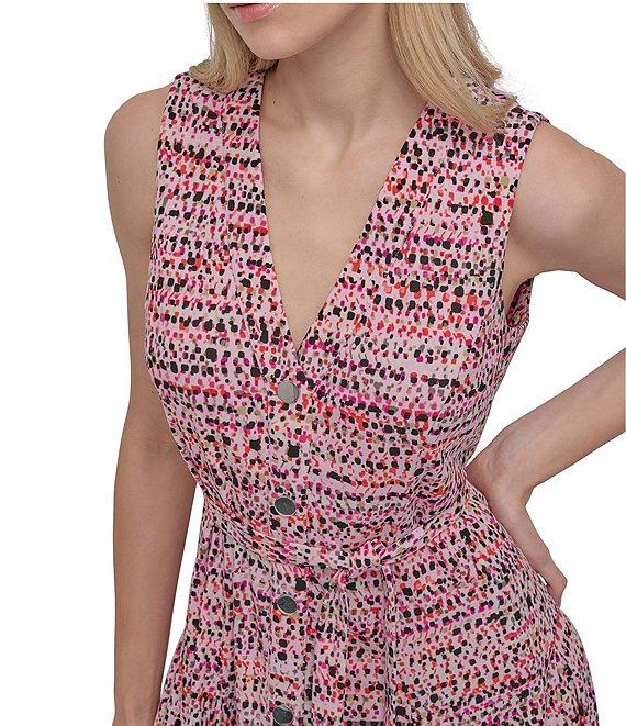 DKNY by Donna Karan Jersey V-Neck Sleeveless Button Front Fit And Flare Dress Product Image