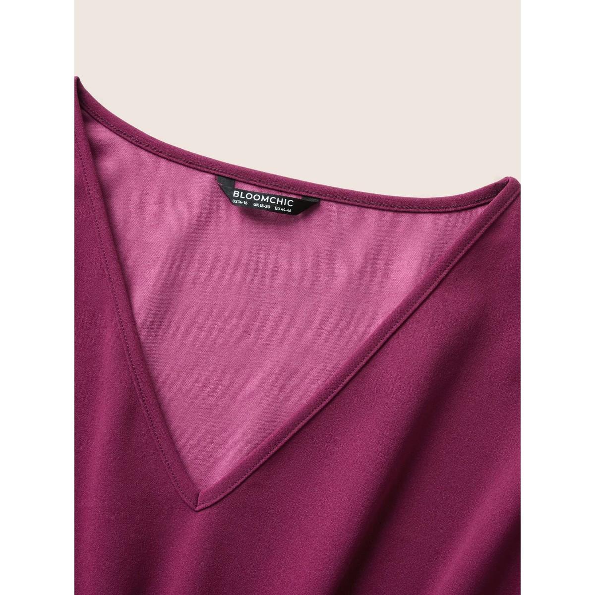 Plus Size Purple Solid Elastic Waist Flutter Sleeve Buckle Detail Blouse Women At the Office Short sleeve V-neck Work Blouses BloomChic 26/4X Product Image