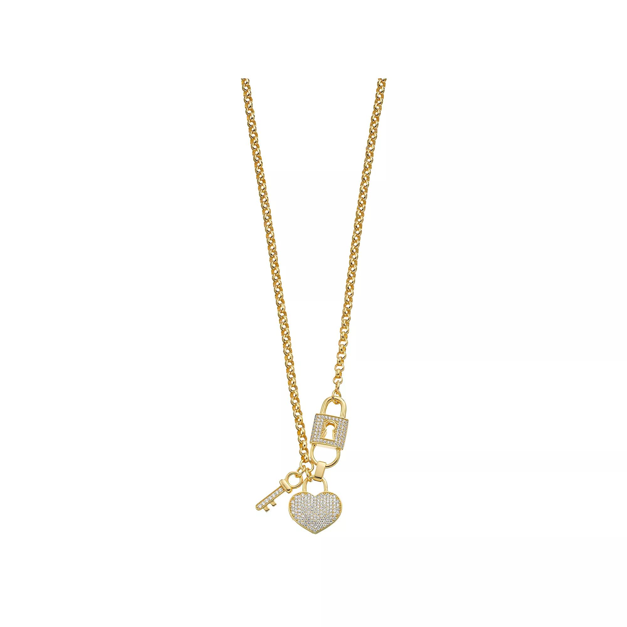 14k Gold Over Silver Cubic Zirconia Heart, Key, & Padlock Charm Necklace, Womens Gold Tone Product Image