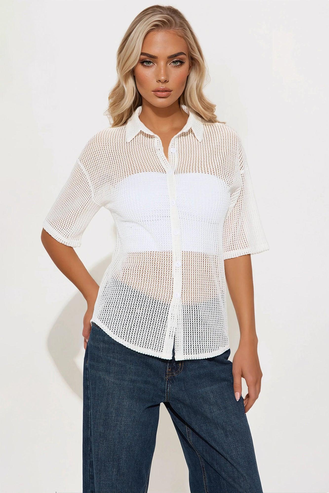 Bring The Sunshine Crochet Shirt - White Product Image