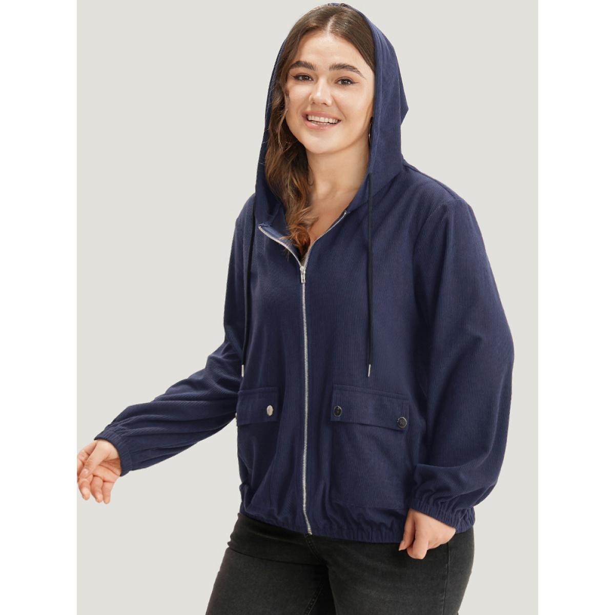 Plus Size Halloween Solid Flap Pocket Hooded Drawstring Jacket Women Indigo Texture Loose Pocket Dailywear Jackets BloomChic 26/4X Product Image
