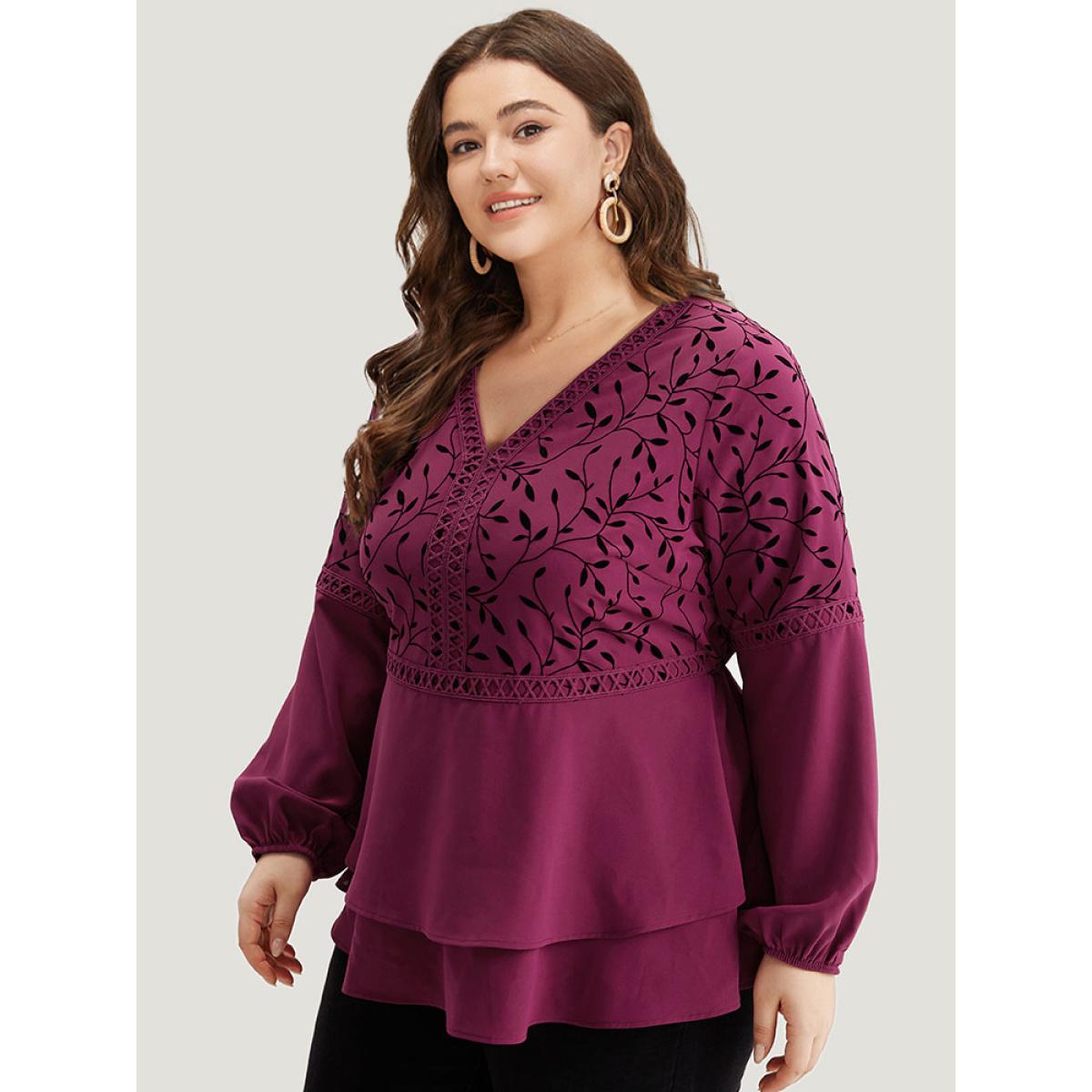 Plus Size RedViolet Silhouette Floral Print Lace Patchwork Layered Hem Blouse Women Elegant Long Sleeve V-neck Dailywear Blouses BloomChic 26/4X Product Image