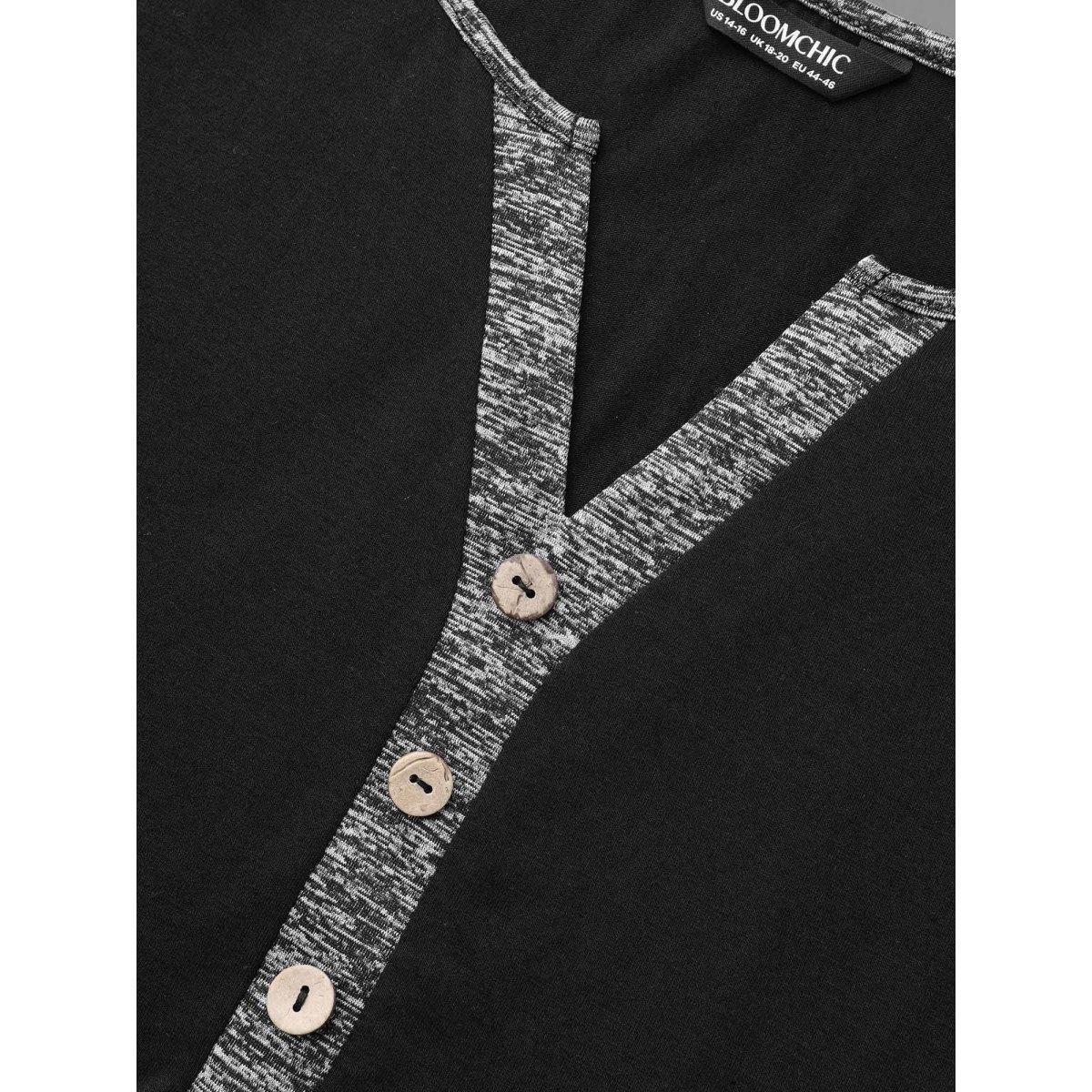 Plus Size Heather Patchwork Button Detail Stretchy T-Shirt Black Women Casual Contrast Flat collar with V-notch Everyday T-shirts BloomChic 22-24/3X Product Image