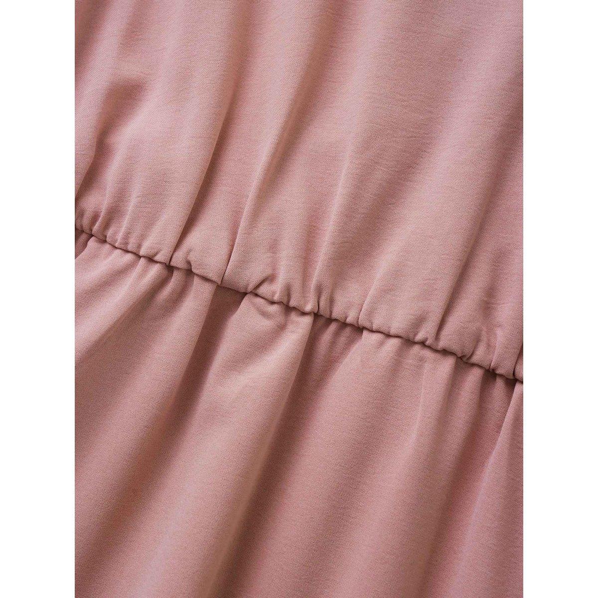 Plus Size Solid Overlap Collar Puff Sleeve Belted Dress Pink Women Elegant Shirred Overlap Collar Short sleeve Curvy BloomChic 18-20/2X Product Image