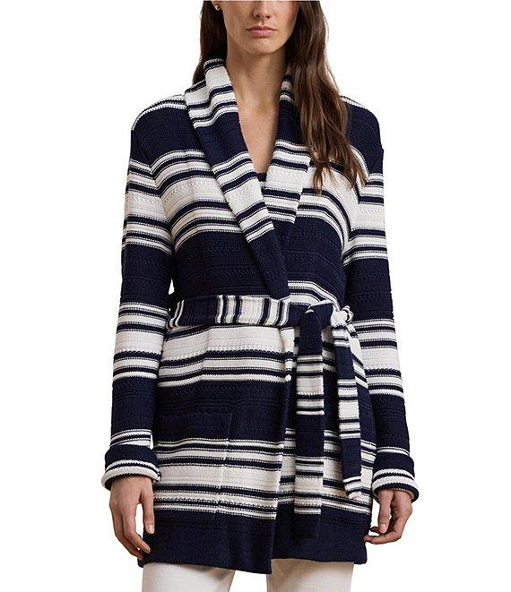Lauren Ralph Lauren Cotton-Blend Stripe Shawl Collar Long Sleeve Belted Cardigan Product Image