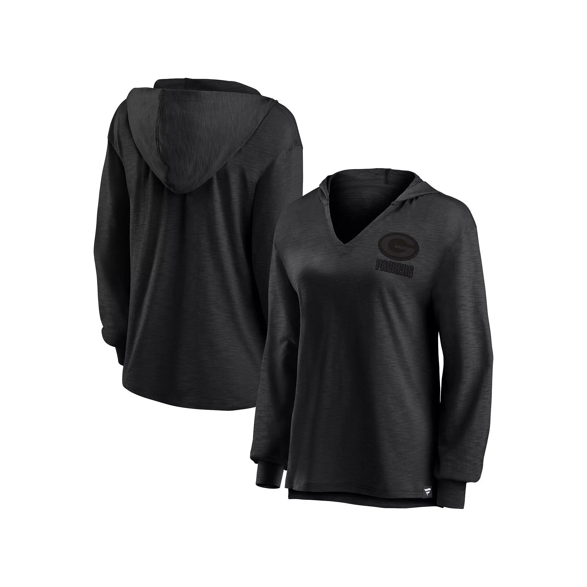 Women's Fanatics Green Bay Packers Blackout Slub Hoodie V-Neck Long Sleeve T-Shirt,  Product Image