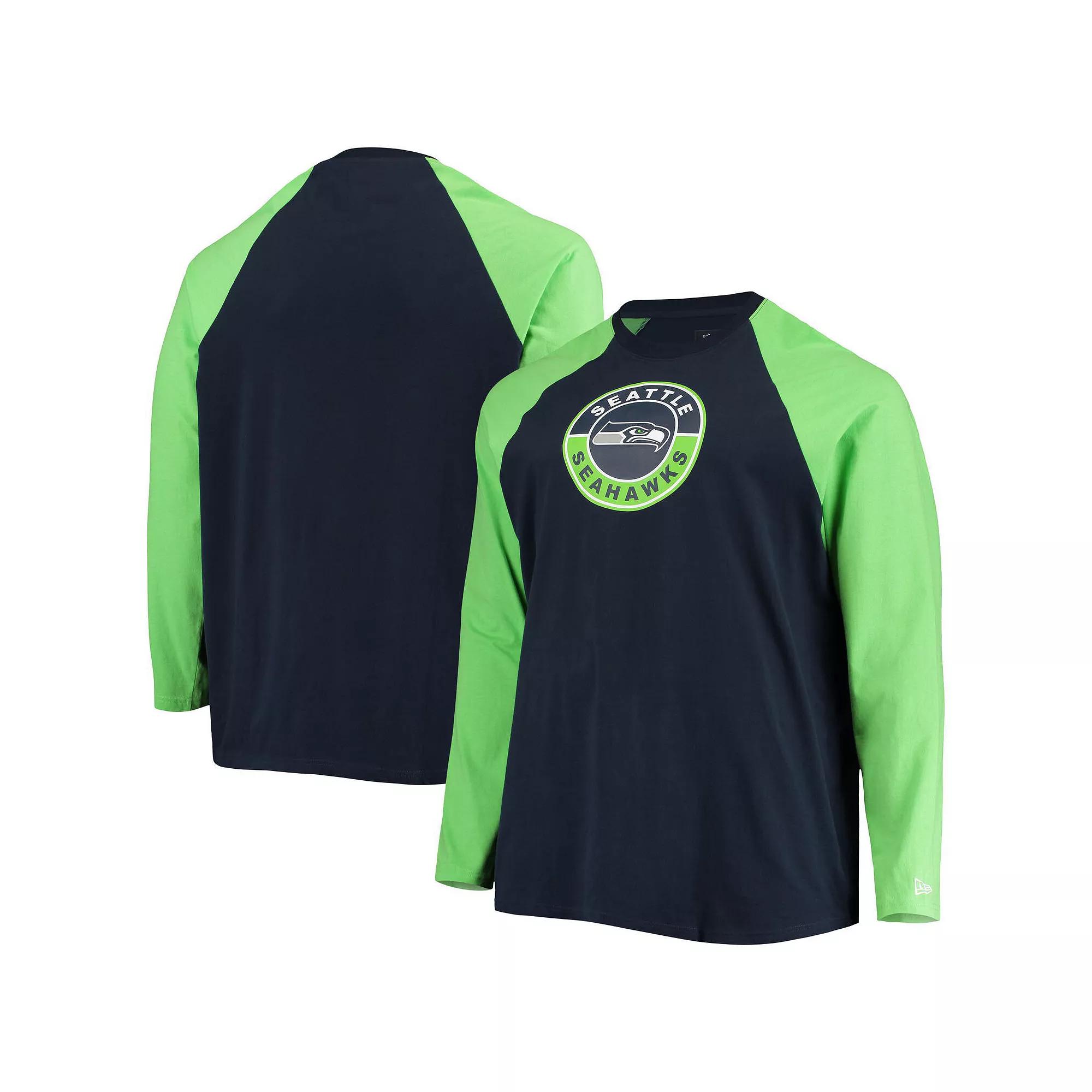 Men's New Era College Navy/Neon Green Seattle Seahawks Big & Tall League Raglan Long Sleeve T-Shirt, Size: 2XB, Blue Product Image