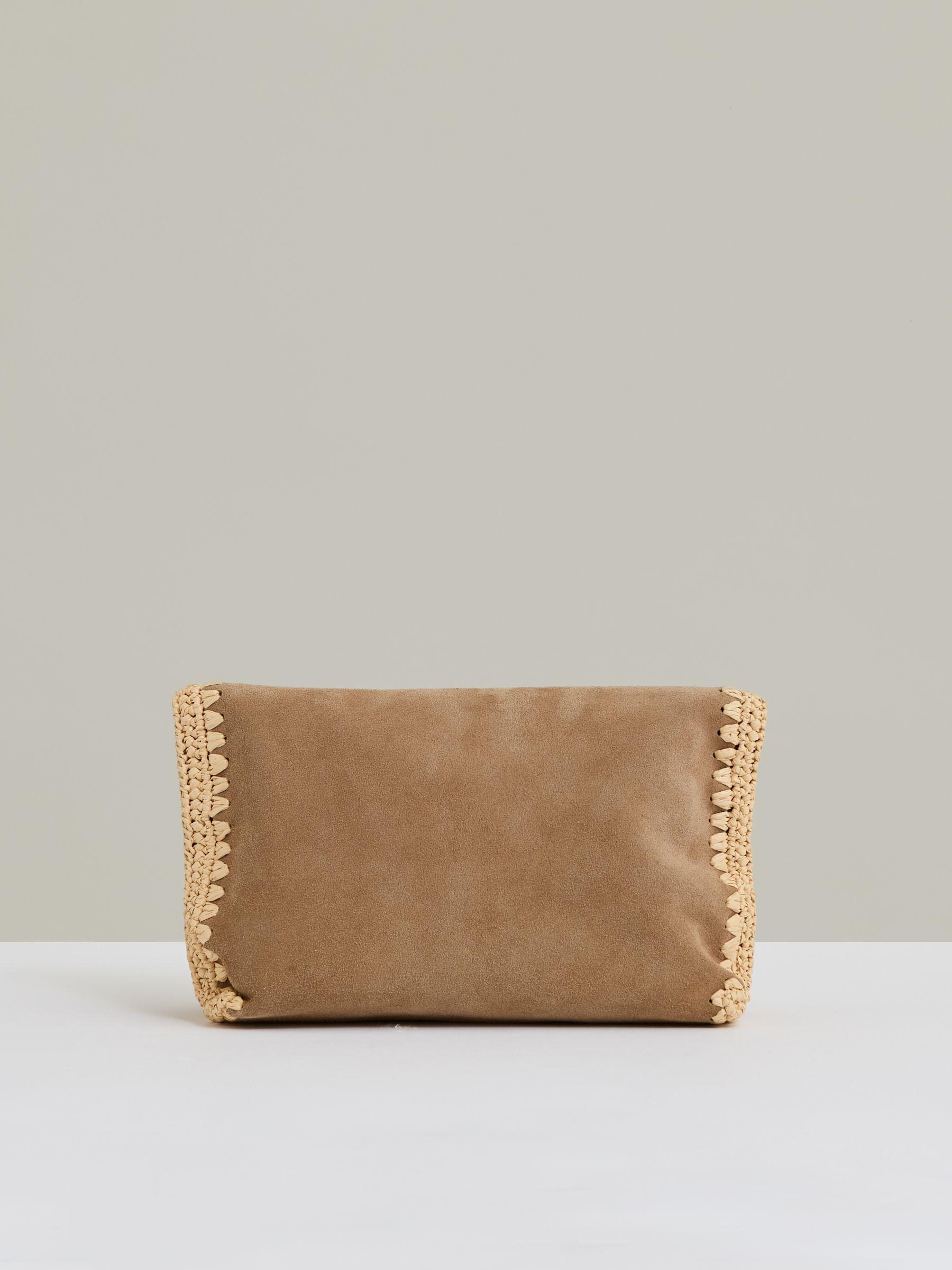 Suede Woven-Trim Clutch Bag in Tan Product Image