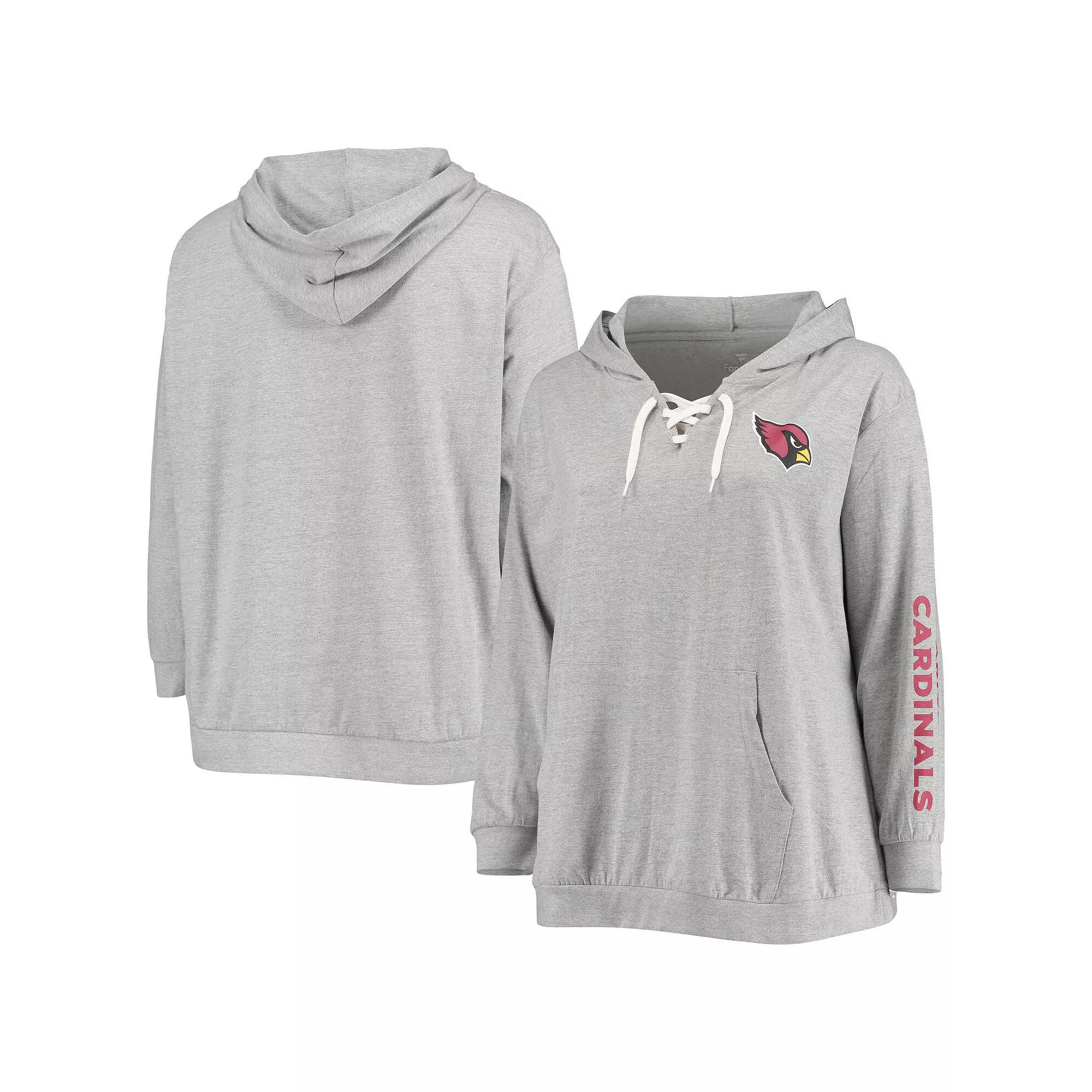 Women's Fanatics Branded Heathered Gray Arizona Cardinals Plus Size Lace-Up Pullover Hoodie, Size: 3XL, Grey Product Image