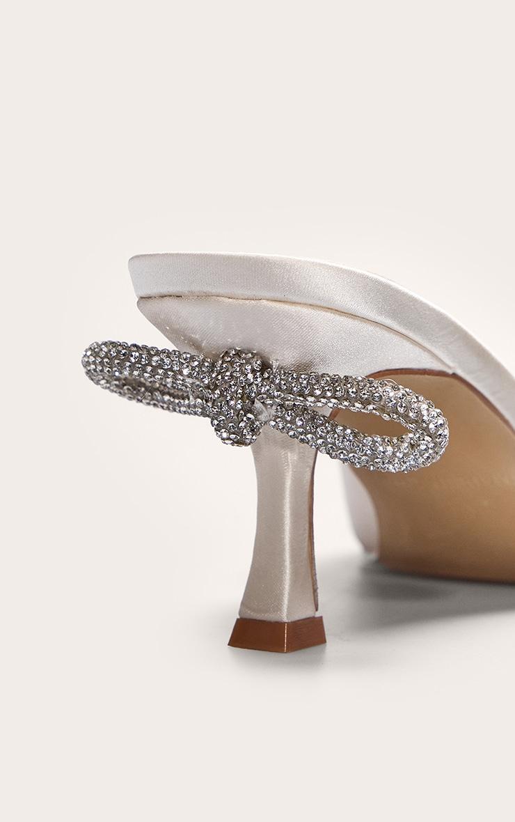 Ivory Satin Point Toe Diamante Bow Low Heeled Mules Product Image