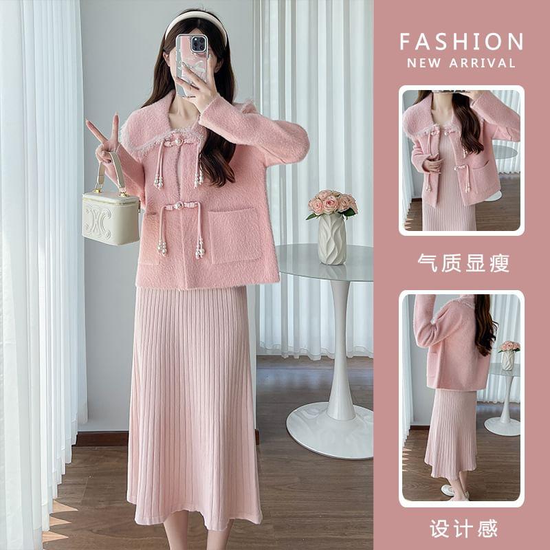 Maternity Frog Buttoned Jacket / Spaghetti Strap Knit Pleated Midi A-Line Dress / Set Product Image