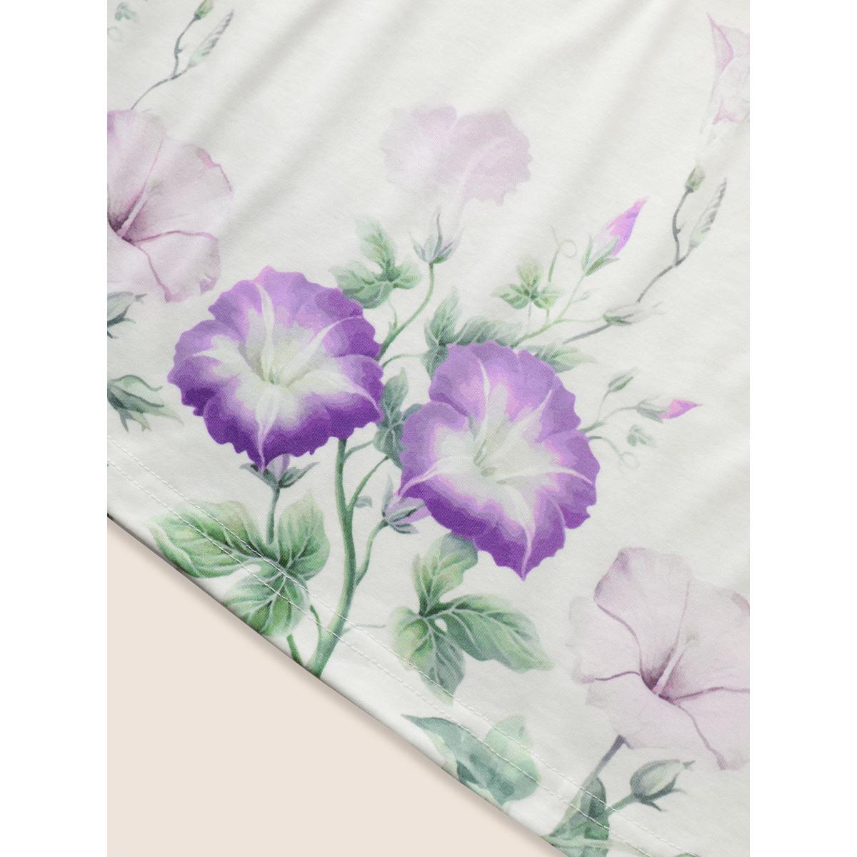 Plus Size Floral Pleated Button Detail Loungewear Set Women White Contrast Short sleeve Round Neck Lounge Loungewear Sets BloomChic 10/M Product Image