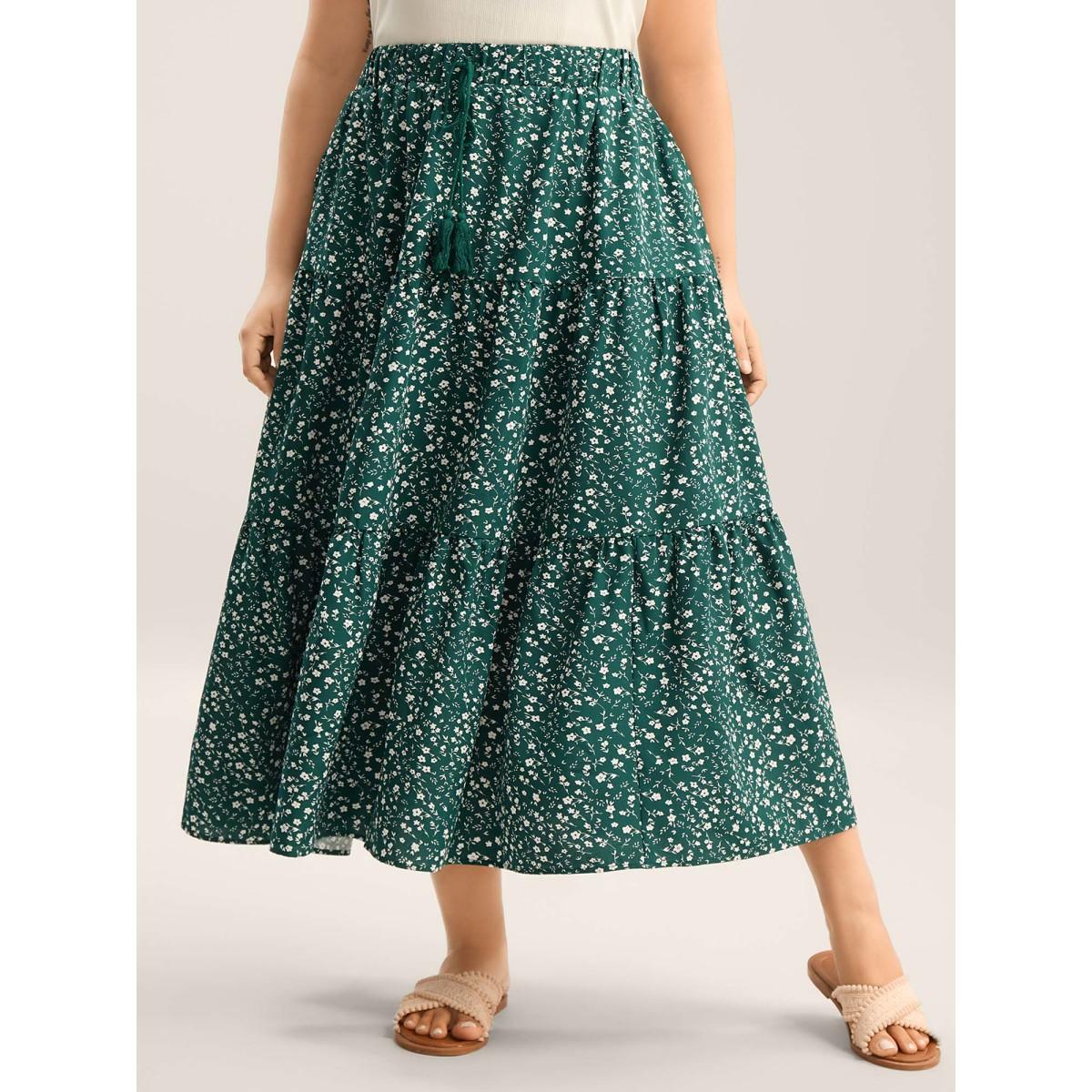 Plus Size Ditsy Floral Print Tiered Tied Maxi Skirt Women Emerald Timeless Loose No stretch Side seam pocket Vacation Skirts BloomChic 14-16/1X Product Image