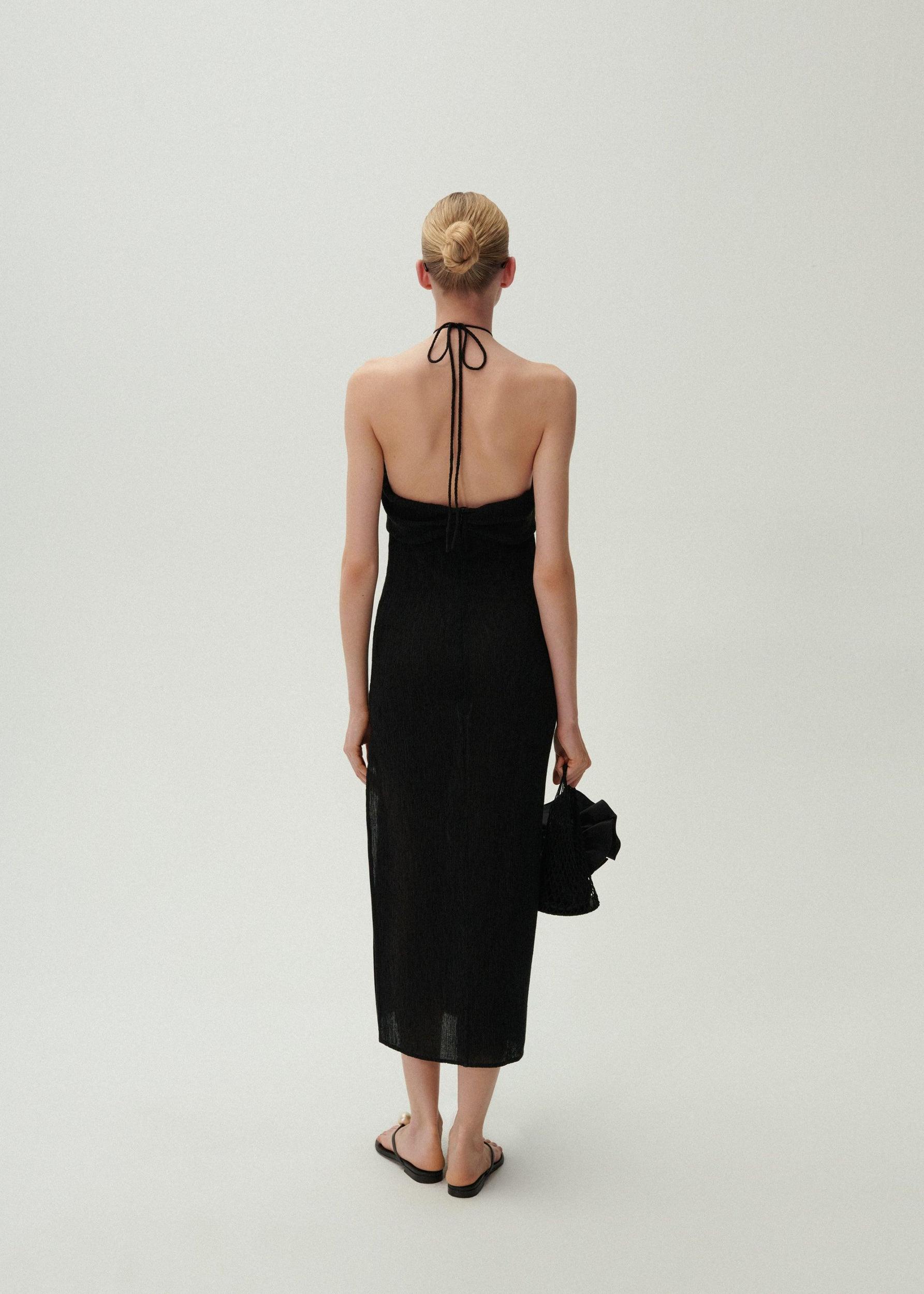 Pearl halterneck midi dress in black Product Image