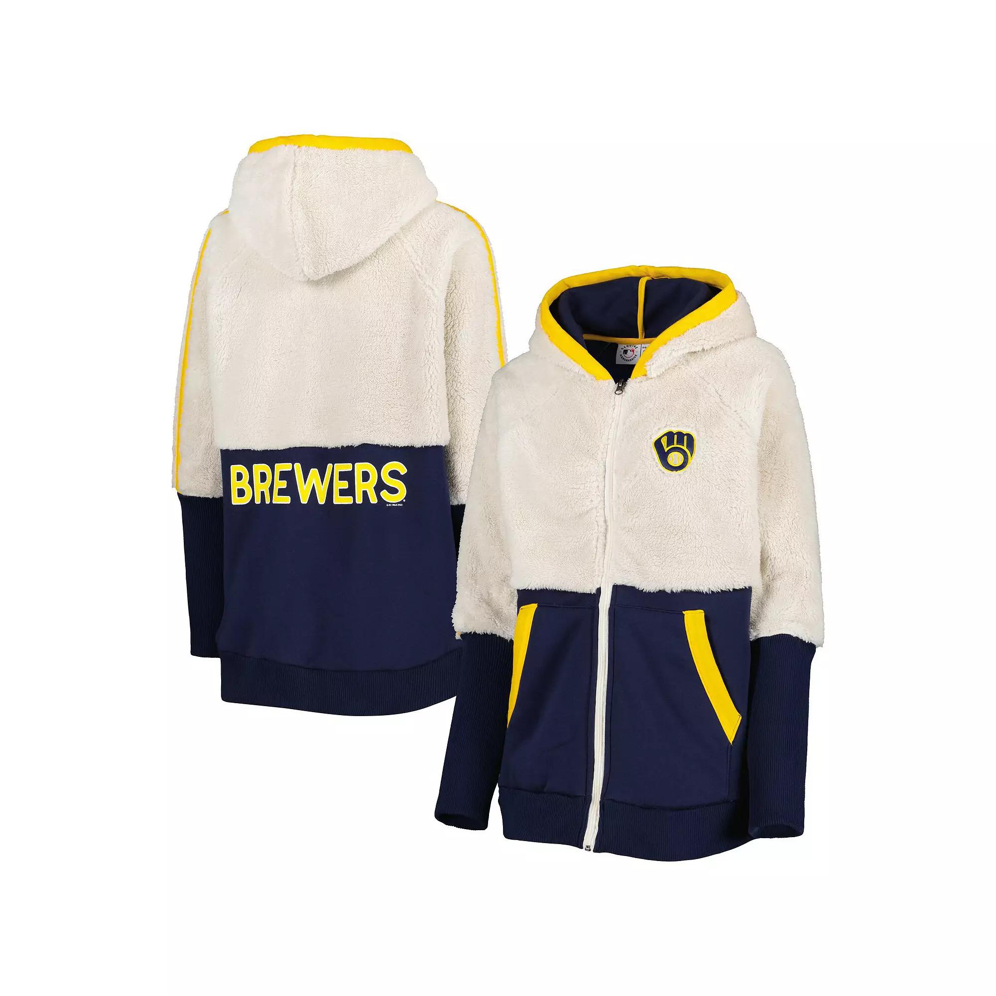 Women's G-III 4Her by Carl Banks Oatmeal/Navy Milwaukee Brewers Shuffle It Raglan Full-Zip Hoodie, Size: Medium, Team Product Image