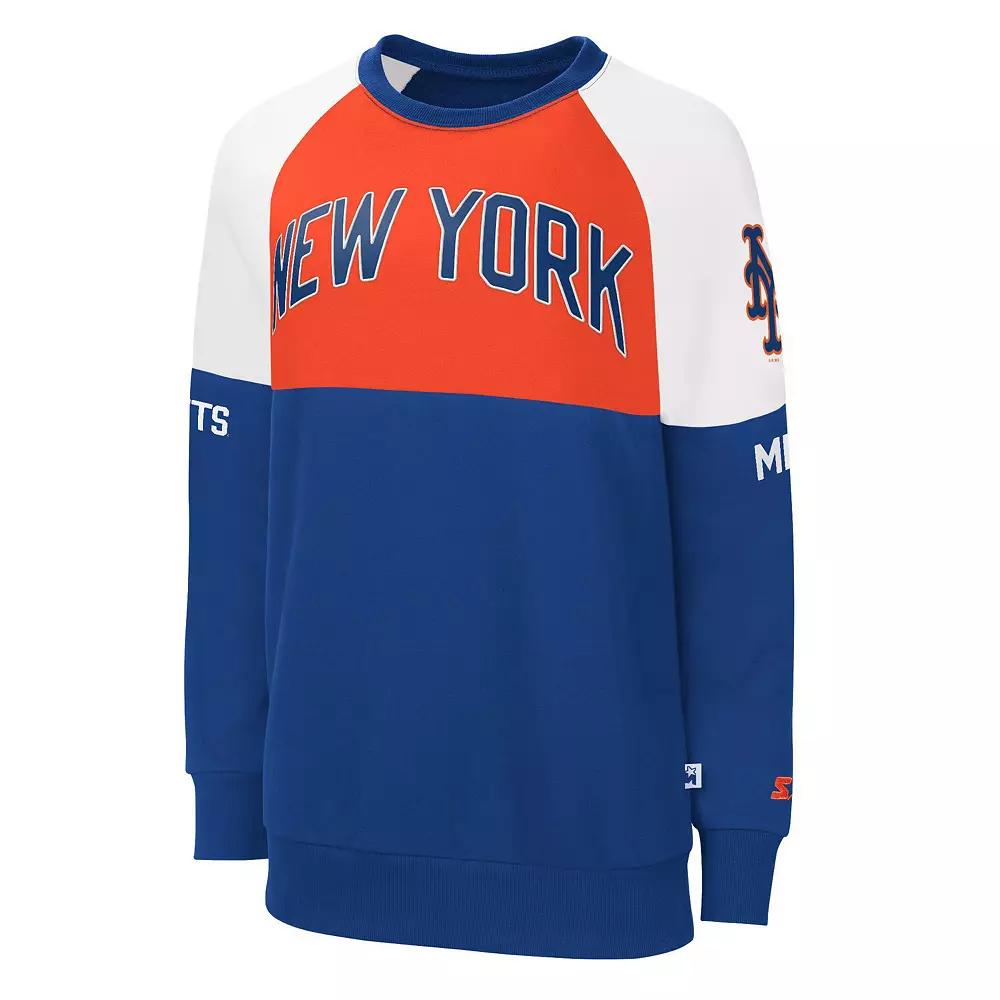 Women's Starter Royal/Orange New York Mets Baseline Raglan Pullover Sweatshirt, Size: Small, Blue Product Image