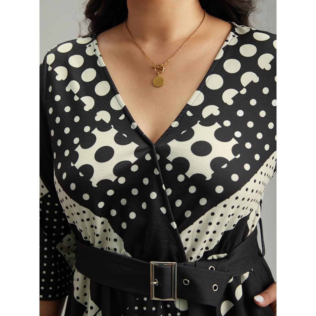 Plus Size Polka Dot Geometric print Belted Wrap Dress Black Women At the Office Wrap Overlap Collar Elbow-length sleeve Curvy Midi Dress BloomChic 18-20/2X Product Image
