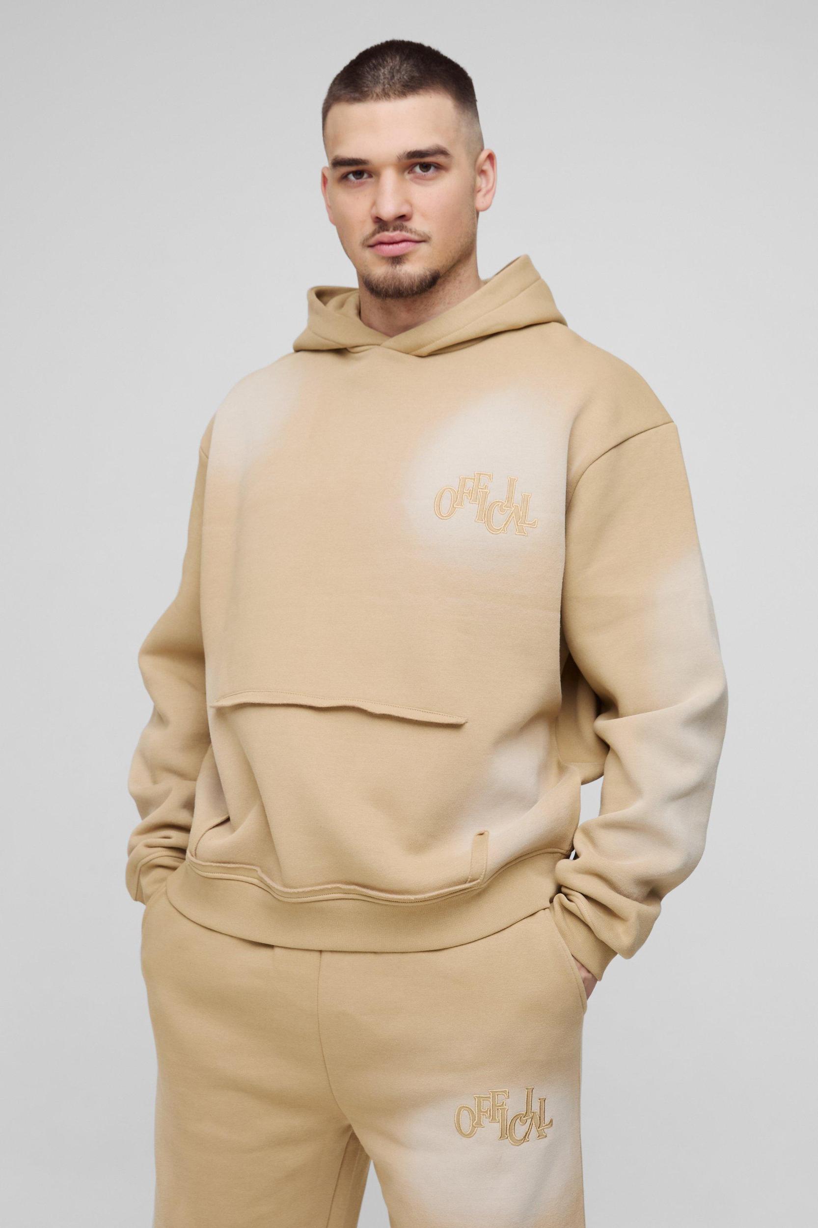 Tall Oversized Boxy Distressed Official Applique Spray Wash Hooded Tracksuit | boohooMAN USA Product Image