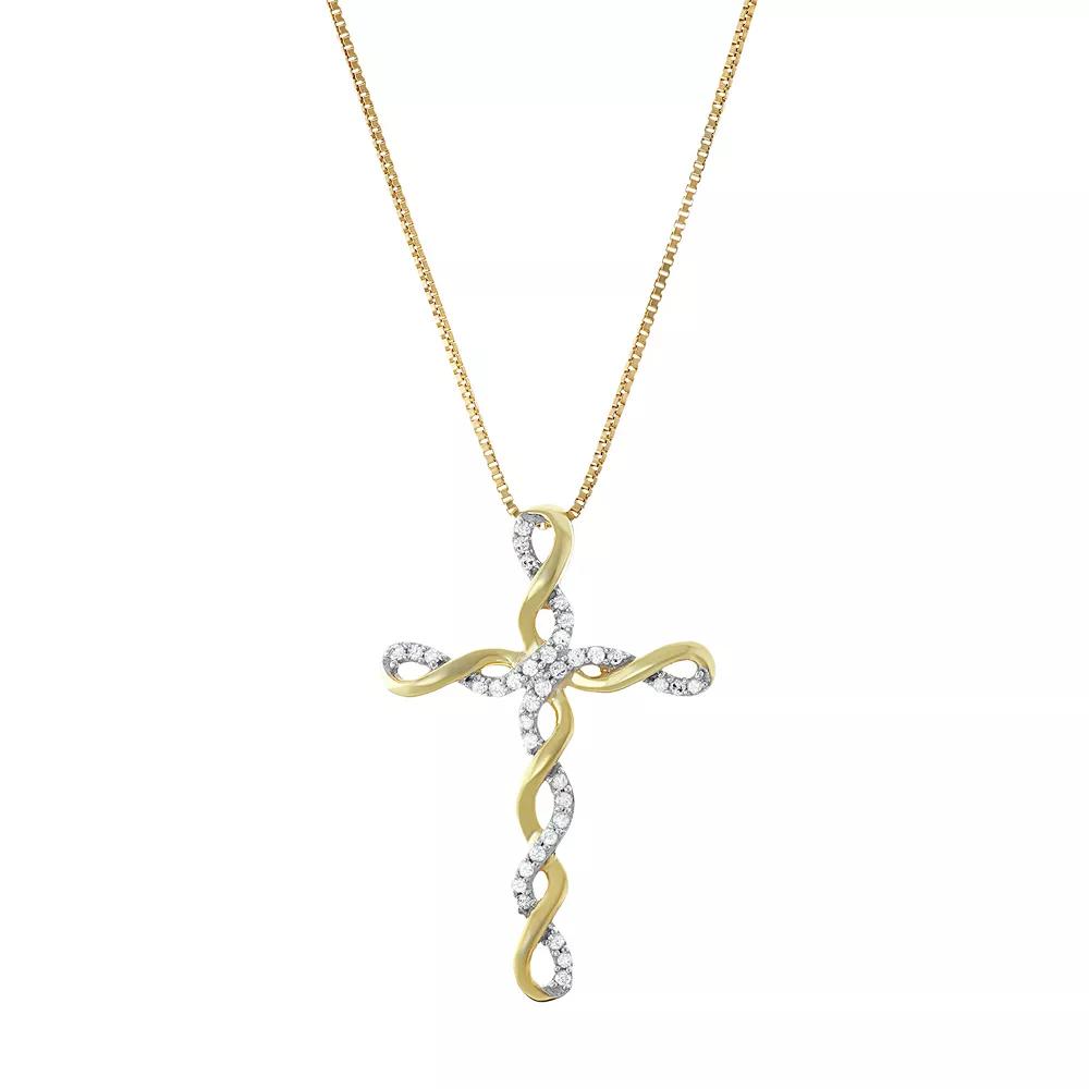 Two Tone Sterling Silver 1/5 Carat T.W. Diamond Cross Pendant Necklace, Women's, Size: 18", 14k Gold Plate Product Image