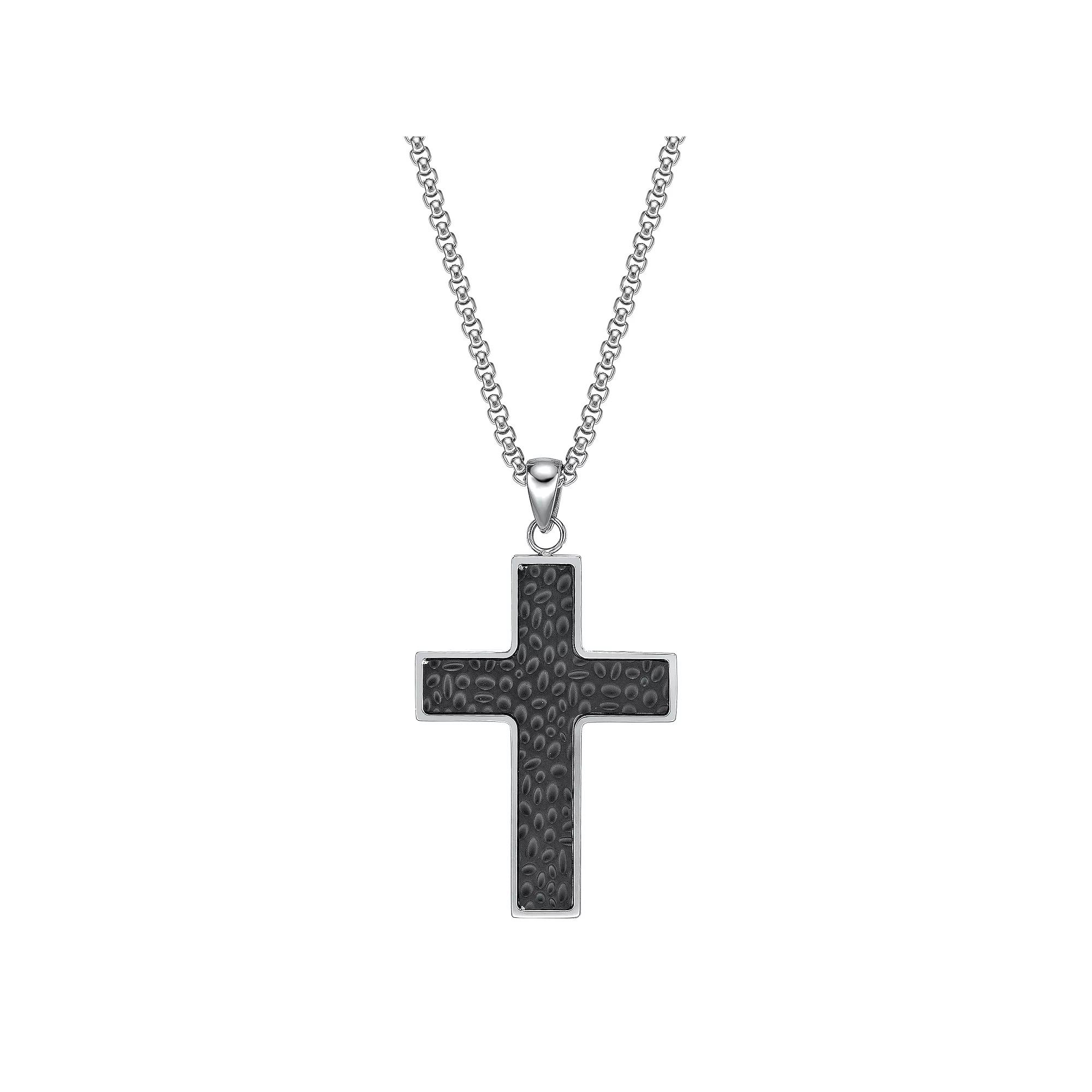 LYNX Men's Stainless Steel Hammered Cross Pendant Necklace, Size: 24", Black Product Image