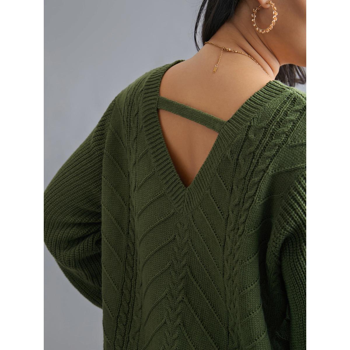 Plus Size Plain Hollow Out Cable Knit Pullover Moss Women Leisure Loose Long Sleeve Round Neck Casual Pullovers BloomChic 28/5X Product Image