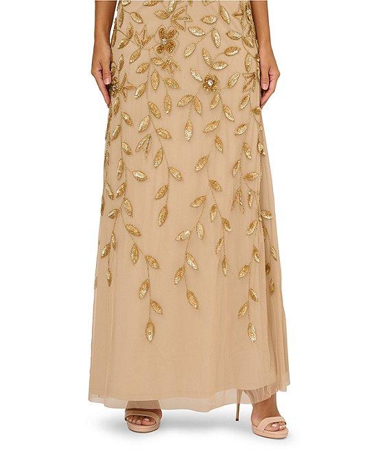 Adrianna Papell Beaded Mesh Crew Neck Short Sleeve Blouson Long Dress Product Image