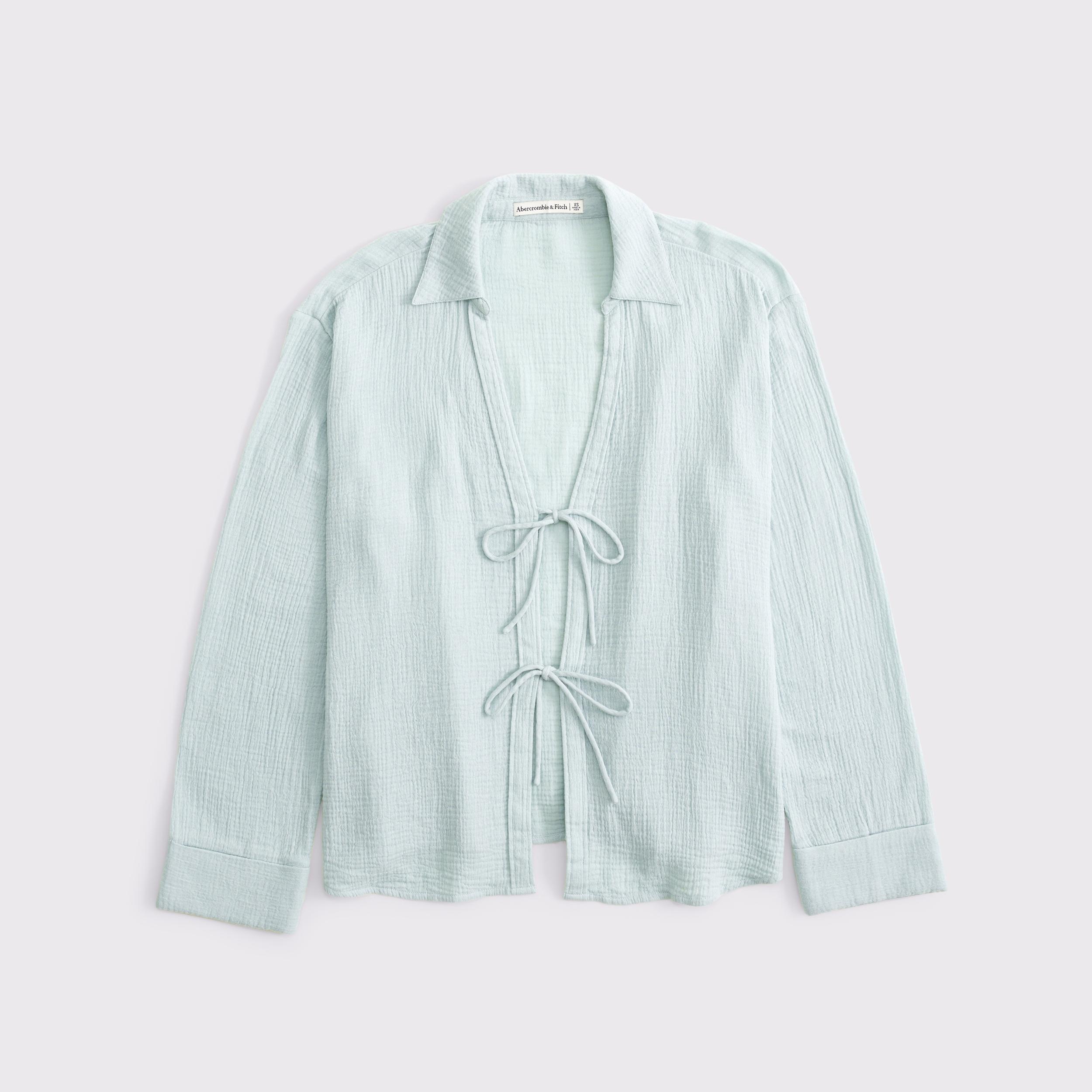 Long-Sleeve Oversized Tie-Front Gauzy Shirt Product Image