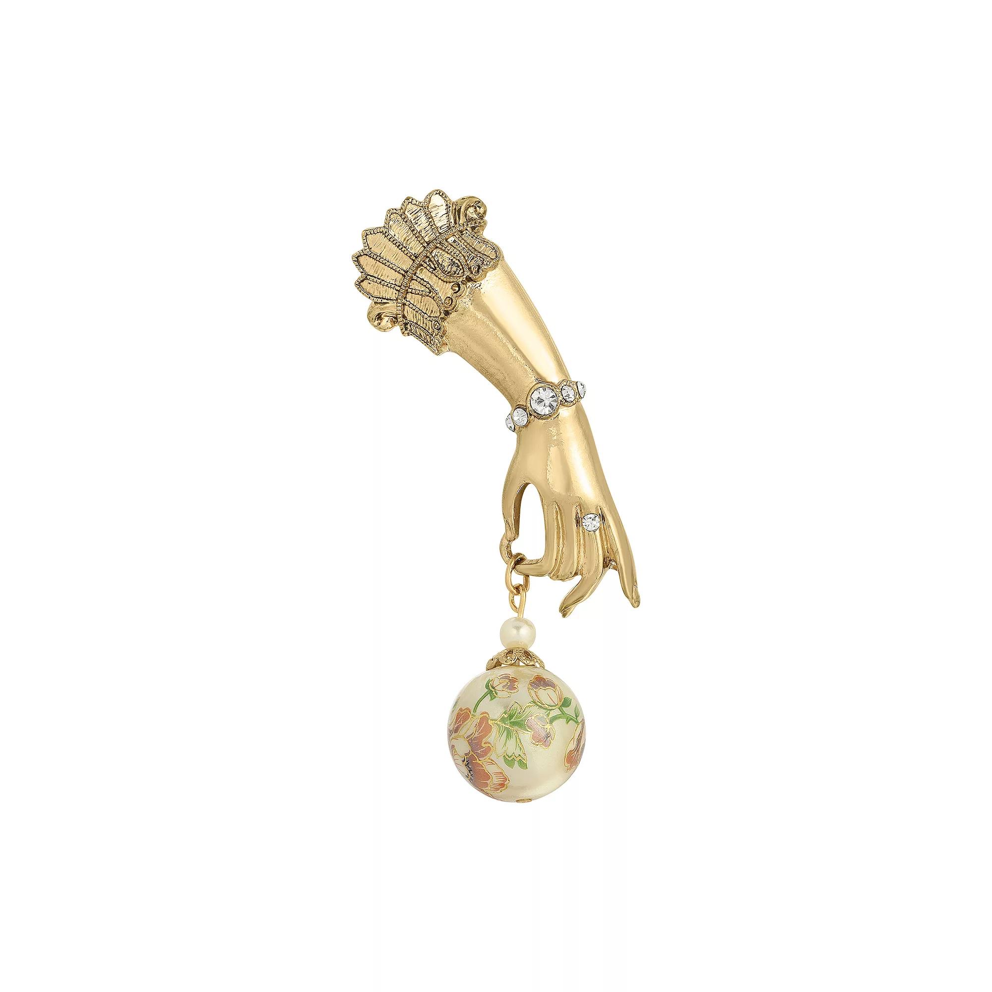 1928 Gold Tone Ladys Hand Pin with Crystal Accents & Floral Bead, Womens, Pink Product Image