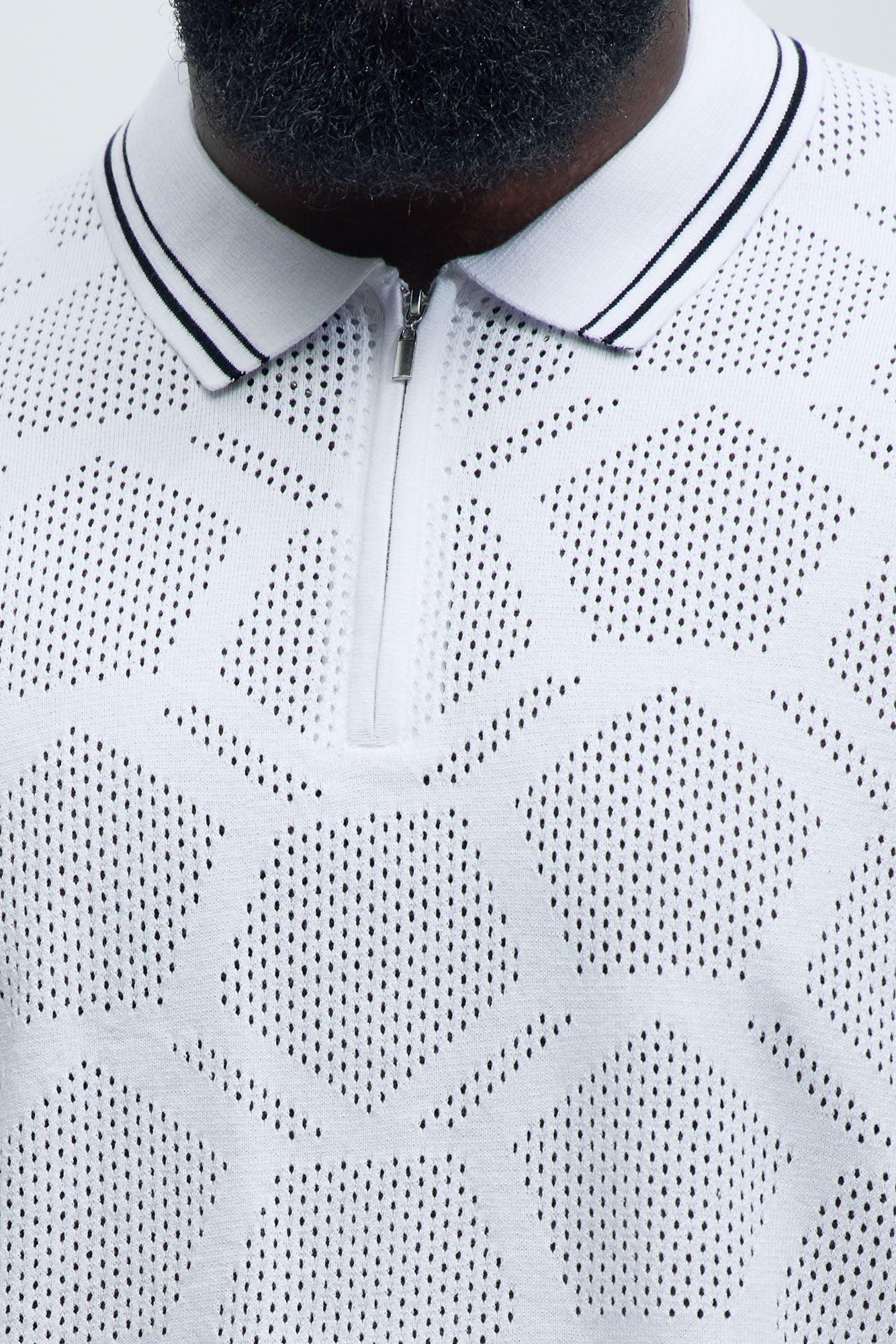Mesh Pattern Quarter Zip Knit Polo - White Product Image