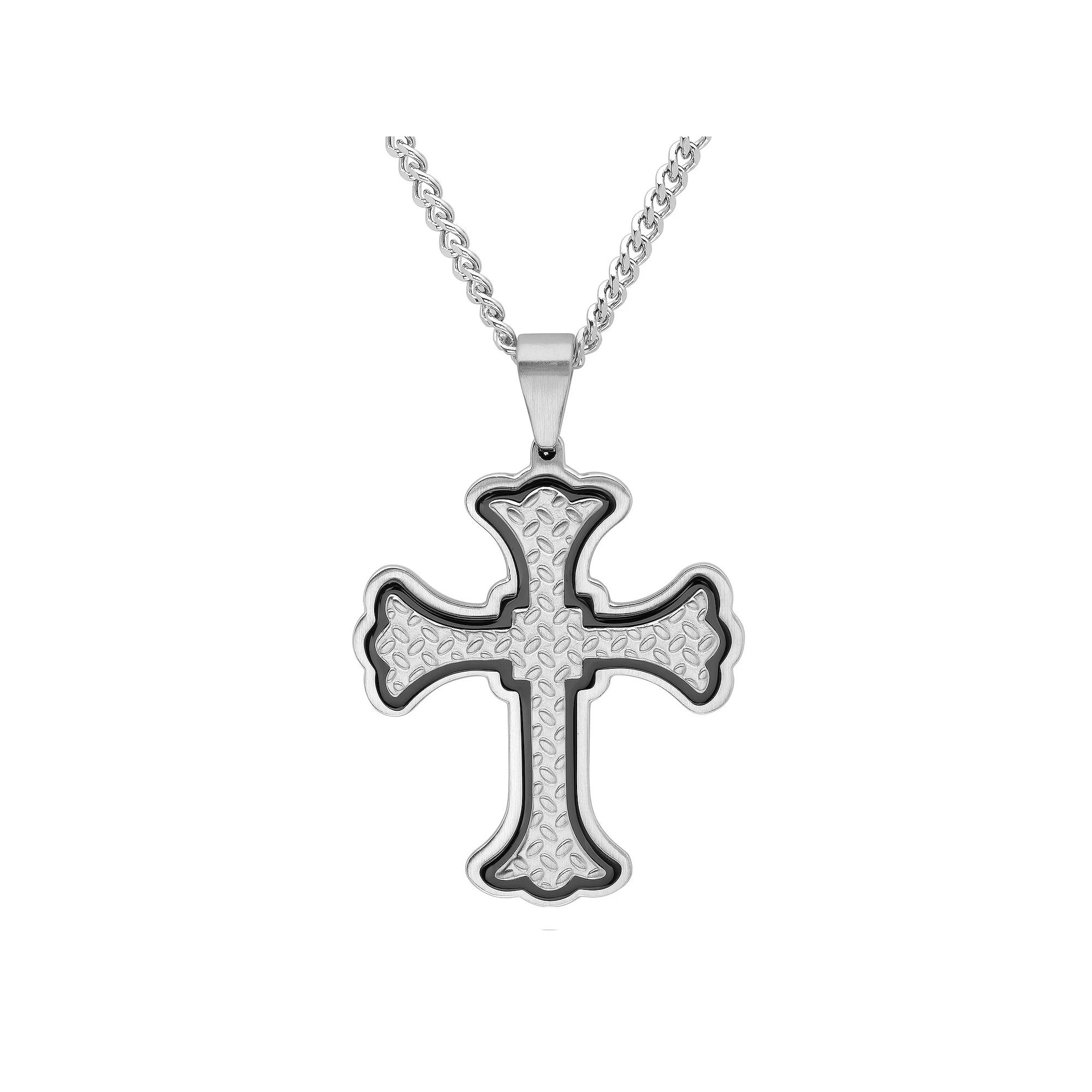 Men's Jewelry Nation Stainless Steel Trim Texture Cross Pendant Necklace, Size: 24", Black Two Tone Product Image