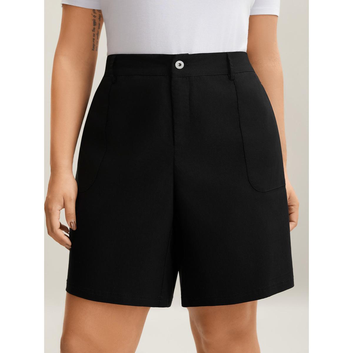 Plus Size Rubber Waist Zipper Pockets Shorts Women Black Leisure Button Straight Leg Casual Shorts BloomChic 18-20/2X Product Image