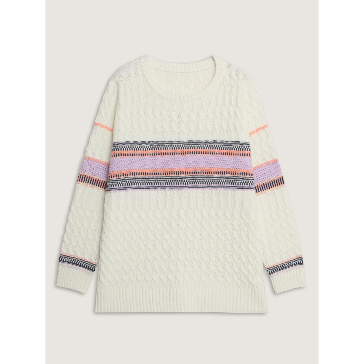 Plus Size Boho Pattern Jacquard Pullover Originalwhite Women Leisure Loose Long Sleeve Round Neck Casual Pullovers BloomChic 12/L Product Image