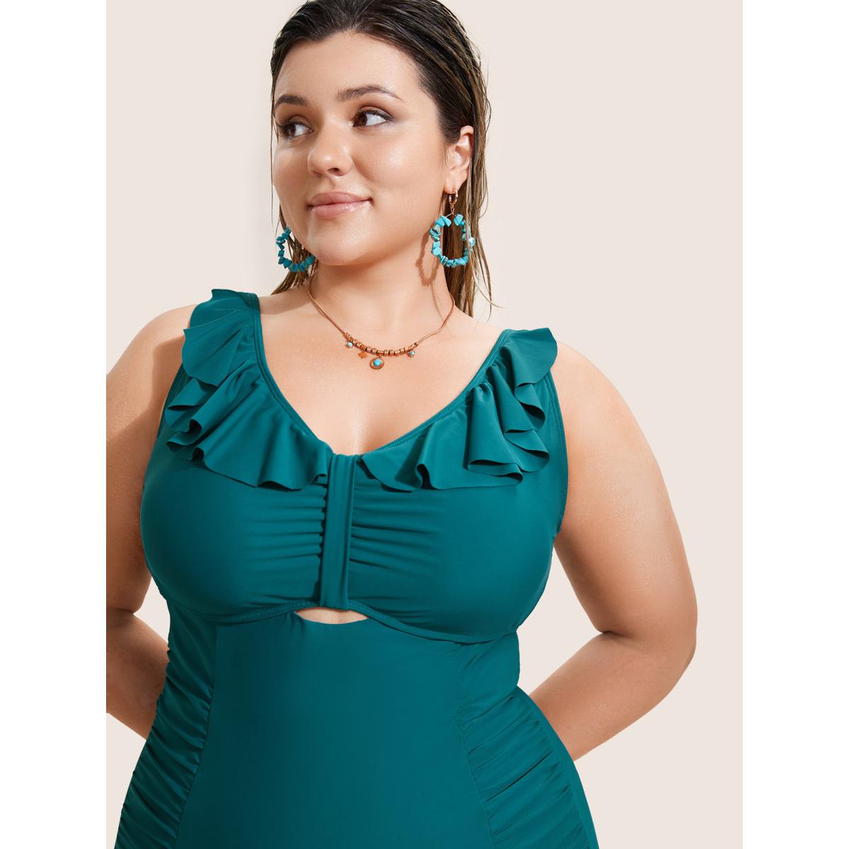 Plus Size Solid Cut Out Ruffle Trim One Piece Swimsuit Women's Swimwear Cyan Beach Gathered Curve Bathing Suits High stretch One Pieces BloomChic 10/M Product Image