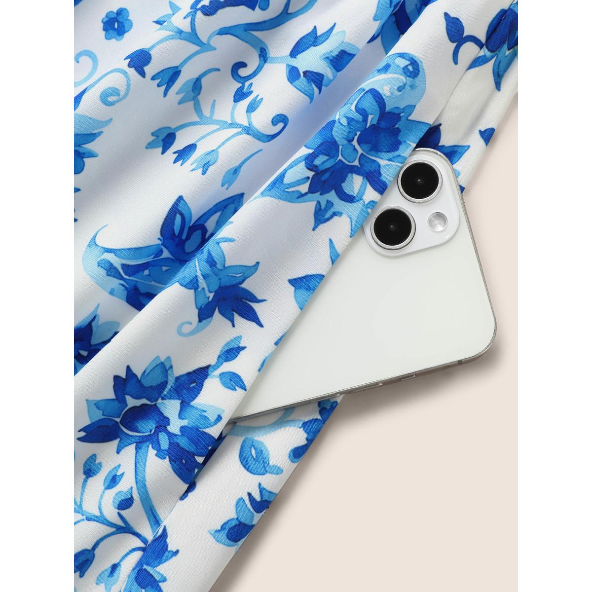 Plus Size Notched Collar Boho Print Shirred Dress Mediumblue Women Elegant Shirred Notched collar Short sleeve Curvy BloomChic 14-16/1X Product Image