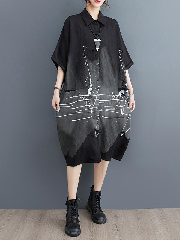 Half Sleeves Loose Printed Lapel Midi Dresses Product Image