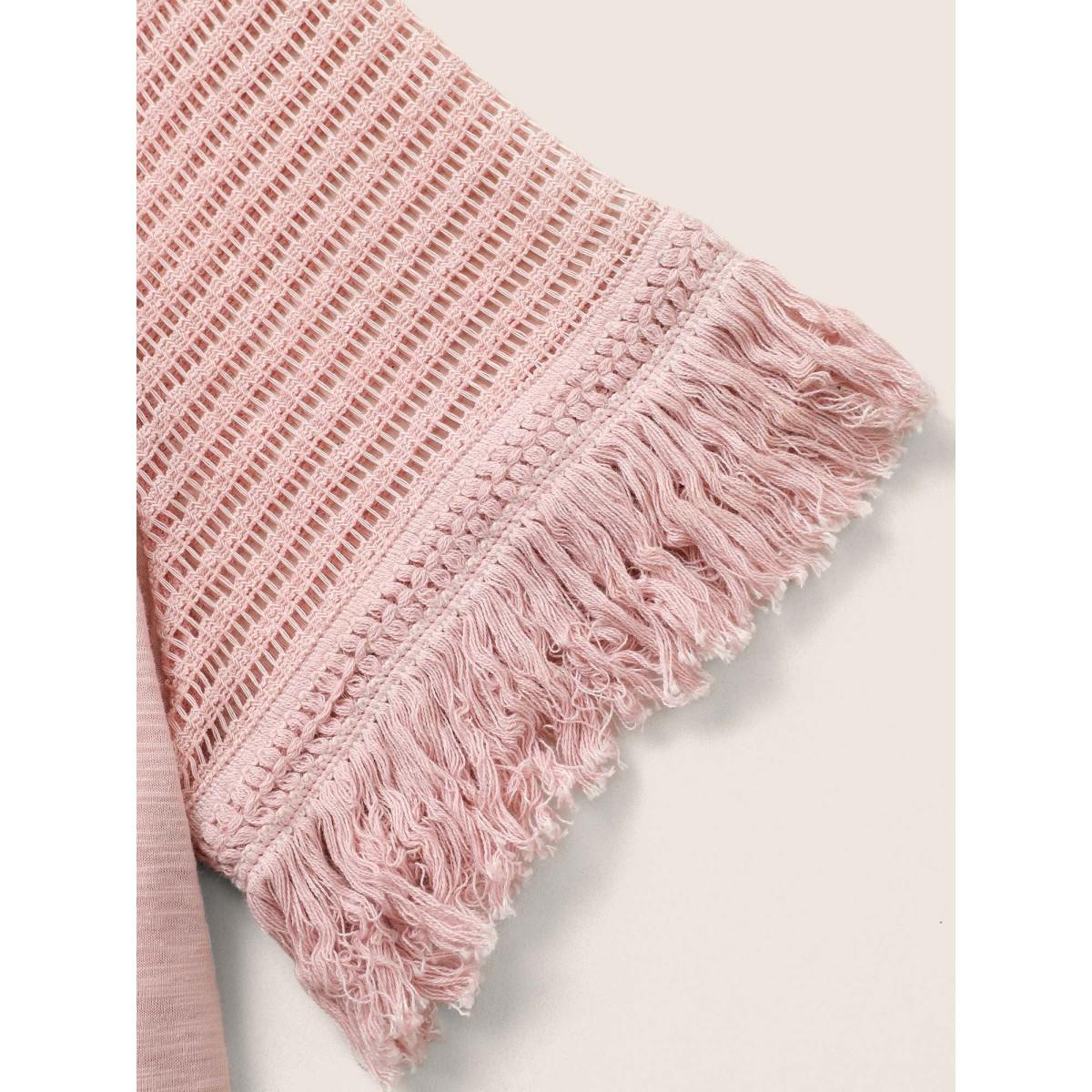 Plus Size Solid Cut Out Raglan Sleeve Fuzzy Trim T-shirt Pink Women Elegant Non Plain Round Neck Everyday T-shirts BloomChic 10/M Product Image