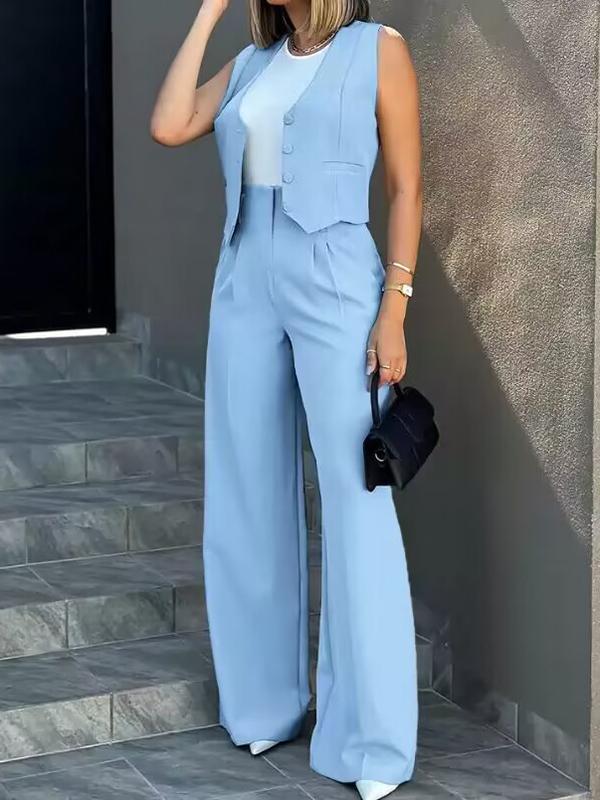 Solid Color Split-Joint Sleeveless Vest Jacket + High Waisted Pleated Suit Pants Trousers Two Pieces Set Product Image