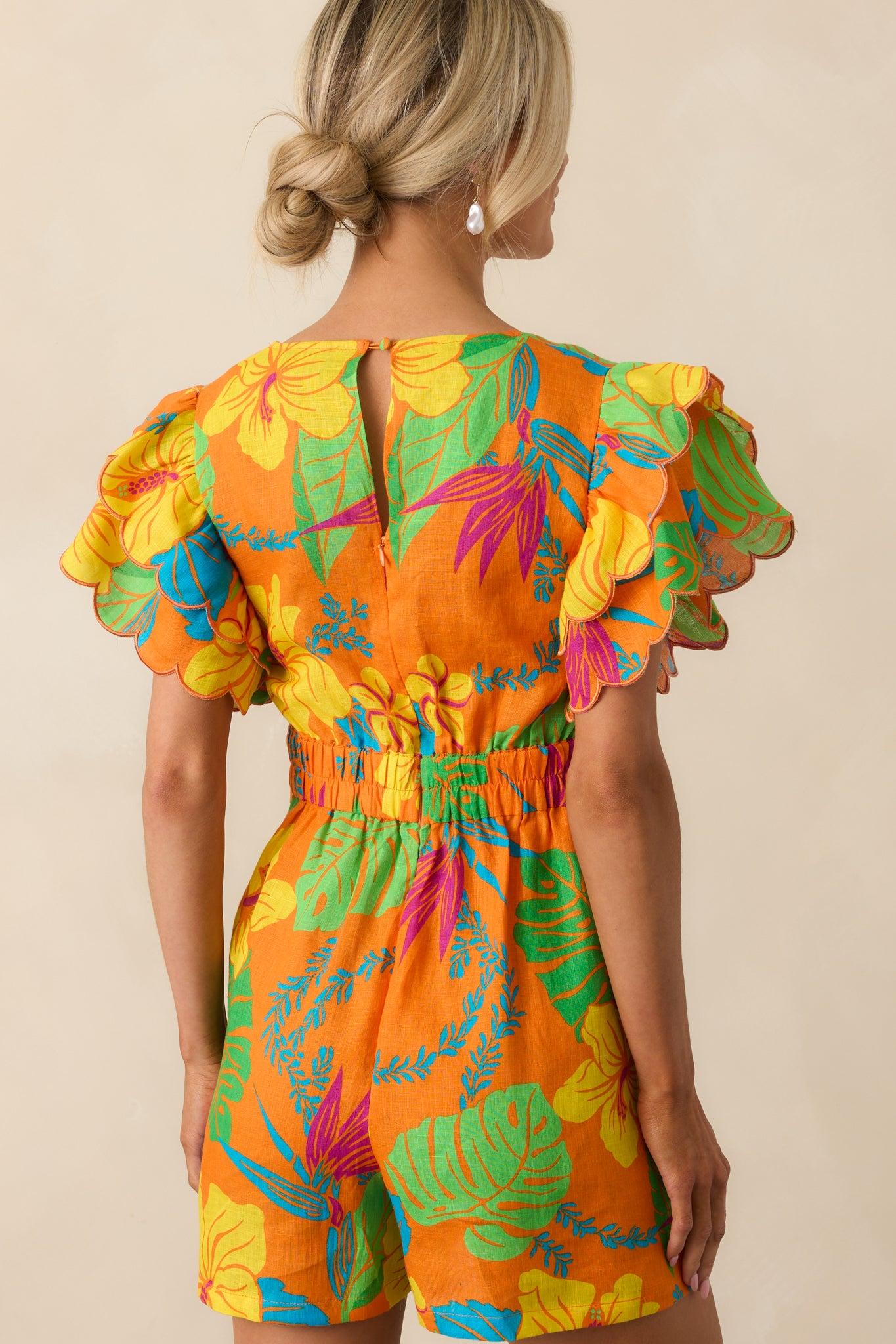 Palm Tree Shadows Orange Tropical Print Linen Romper Product Image