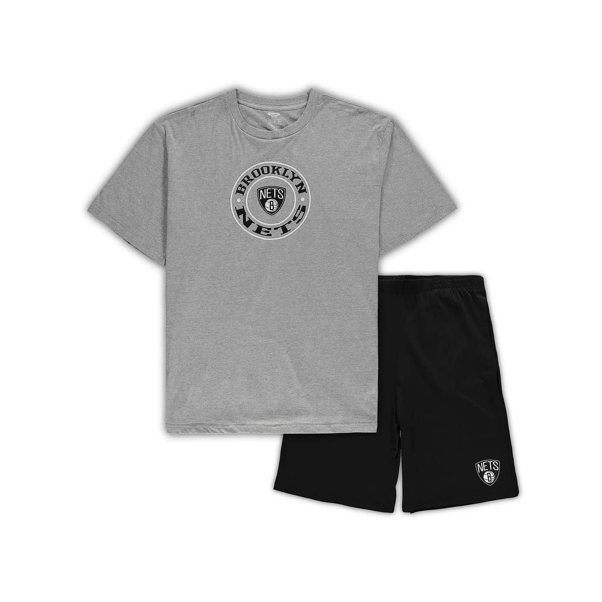 Men's Concepts Sport Heathered Gray/Black Brooklyn Nets Big & Tall T-Shirt & Shorts Sleep Set,  Product Image