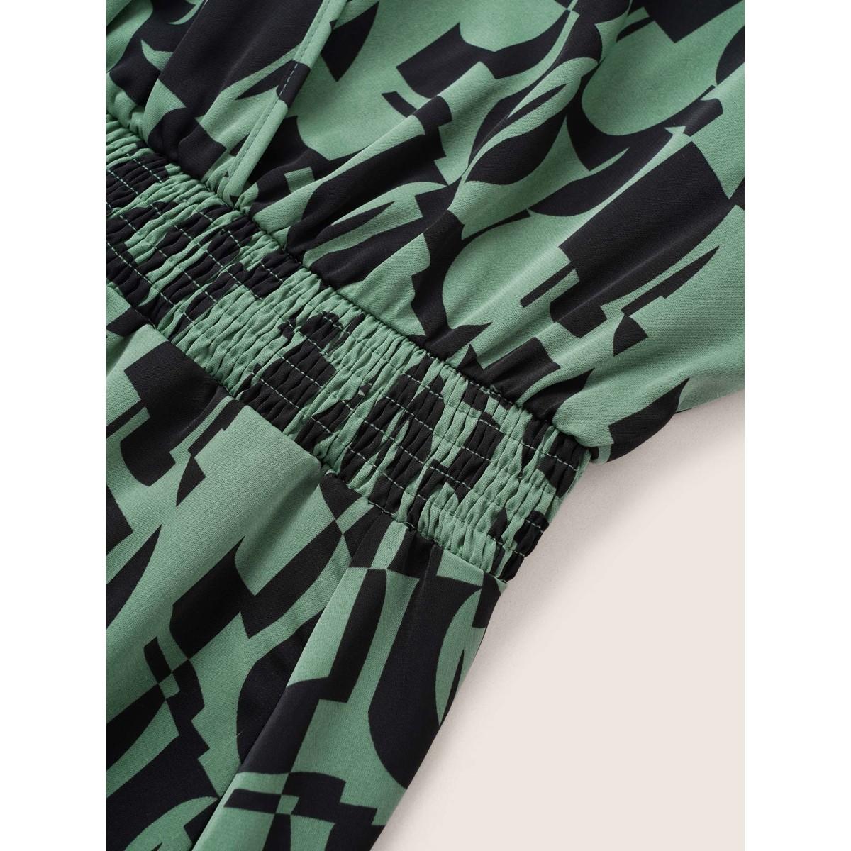 Plus Size Geometric Shirred Elastic Waist Wrap Dress Midnight Women At the Office Non Overlap Collar Long Sleeve Curvy Midi Dress BloomChic 26/4X Product Image