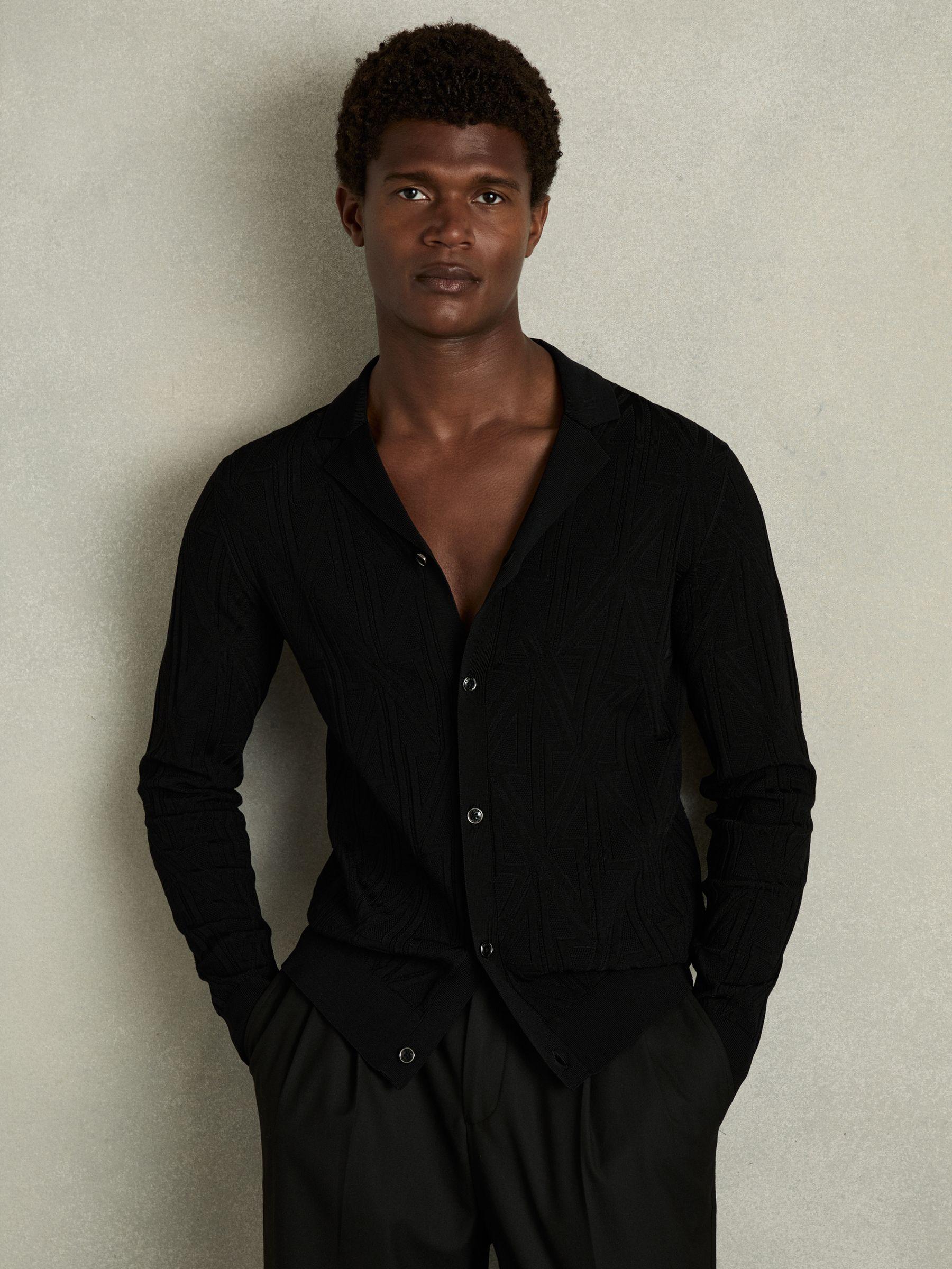 Jacquard Cuban-Collar Button-Through Shirt in Black Product Image