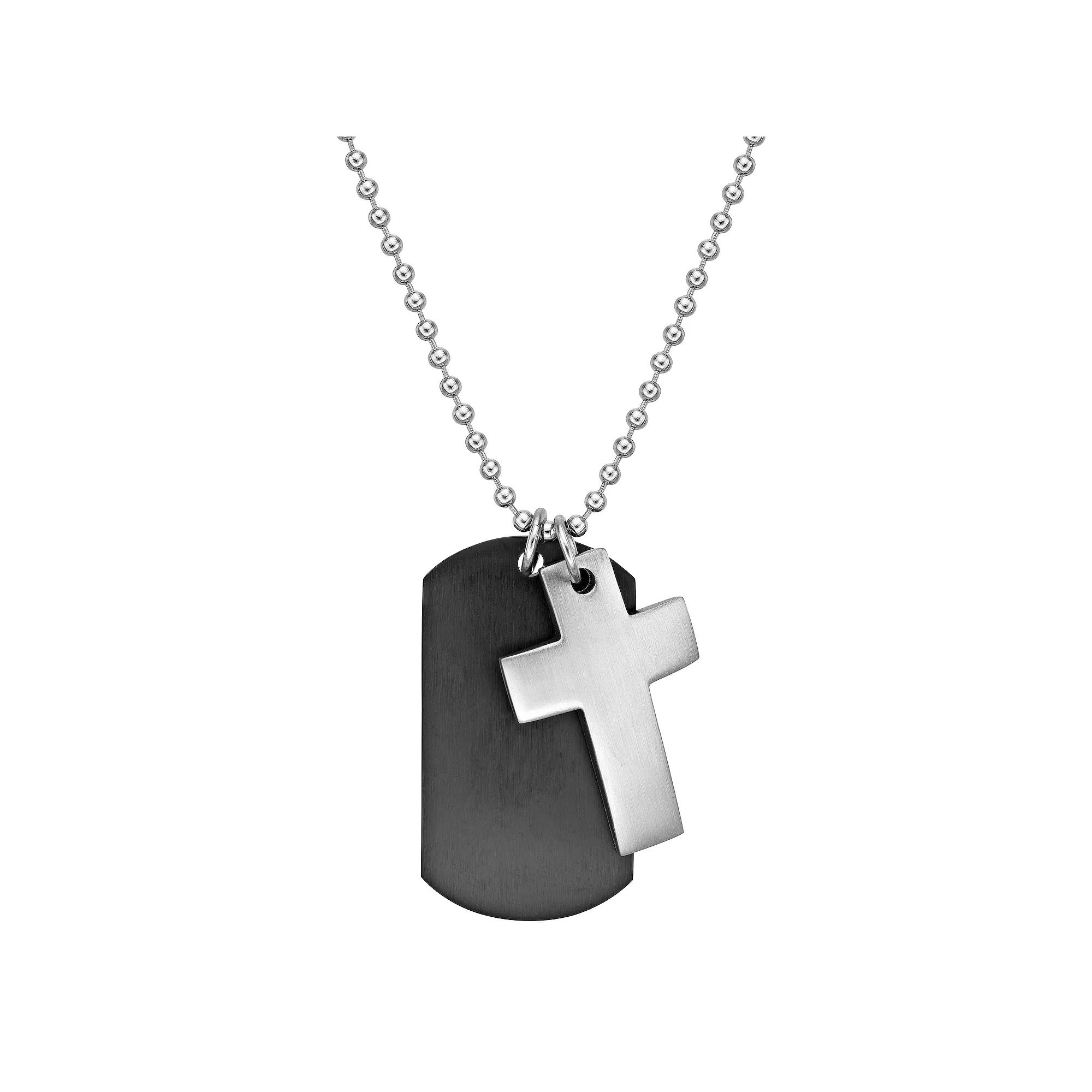 Men's LYNX Two Tone Stainless Steel Cross & Dog Tag Pendant Necklace, Size: 22" Product Image